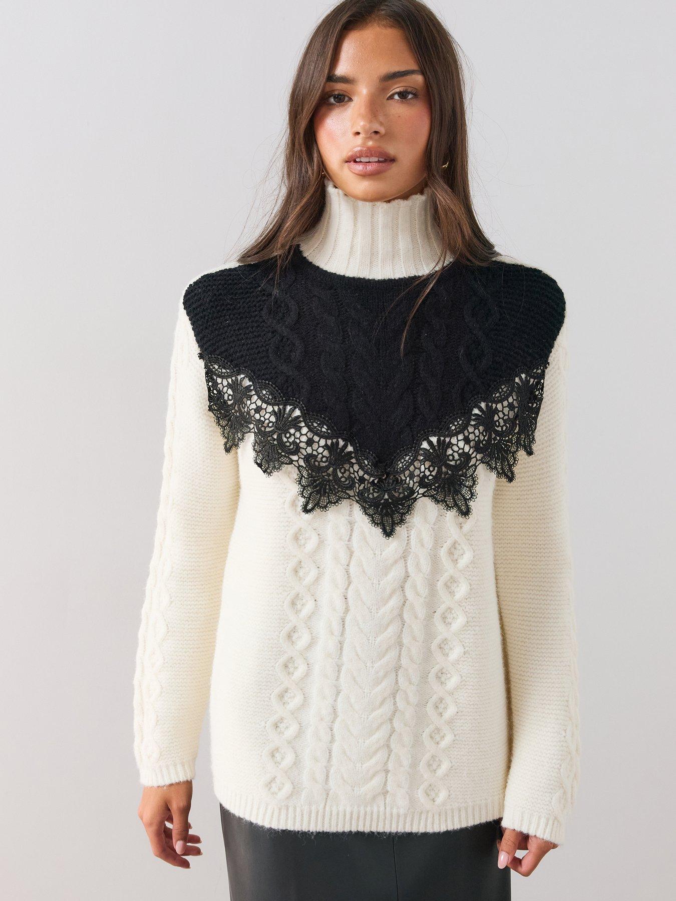 Image 1 of 6 of The Very Collection The Very Collection Womens Contrast Lace Cable Funnel Neck Jumper - Cream