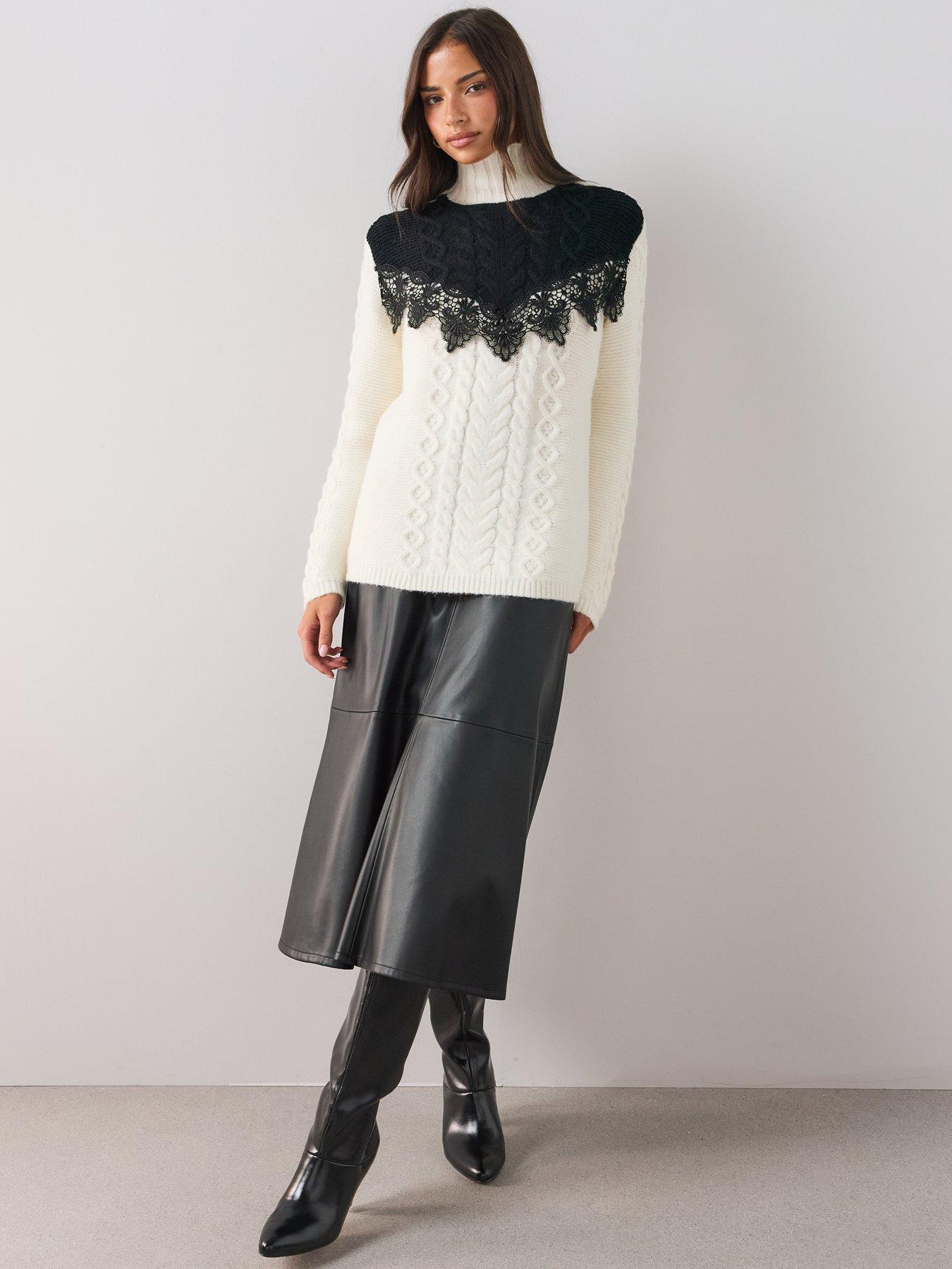 Image 3 of 6 of The Very Collection The Very Collection Womens Contrast Lace Cable Funnel Neck Jumper - Cream