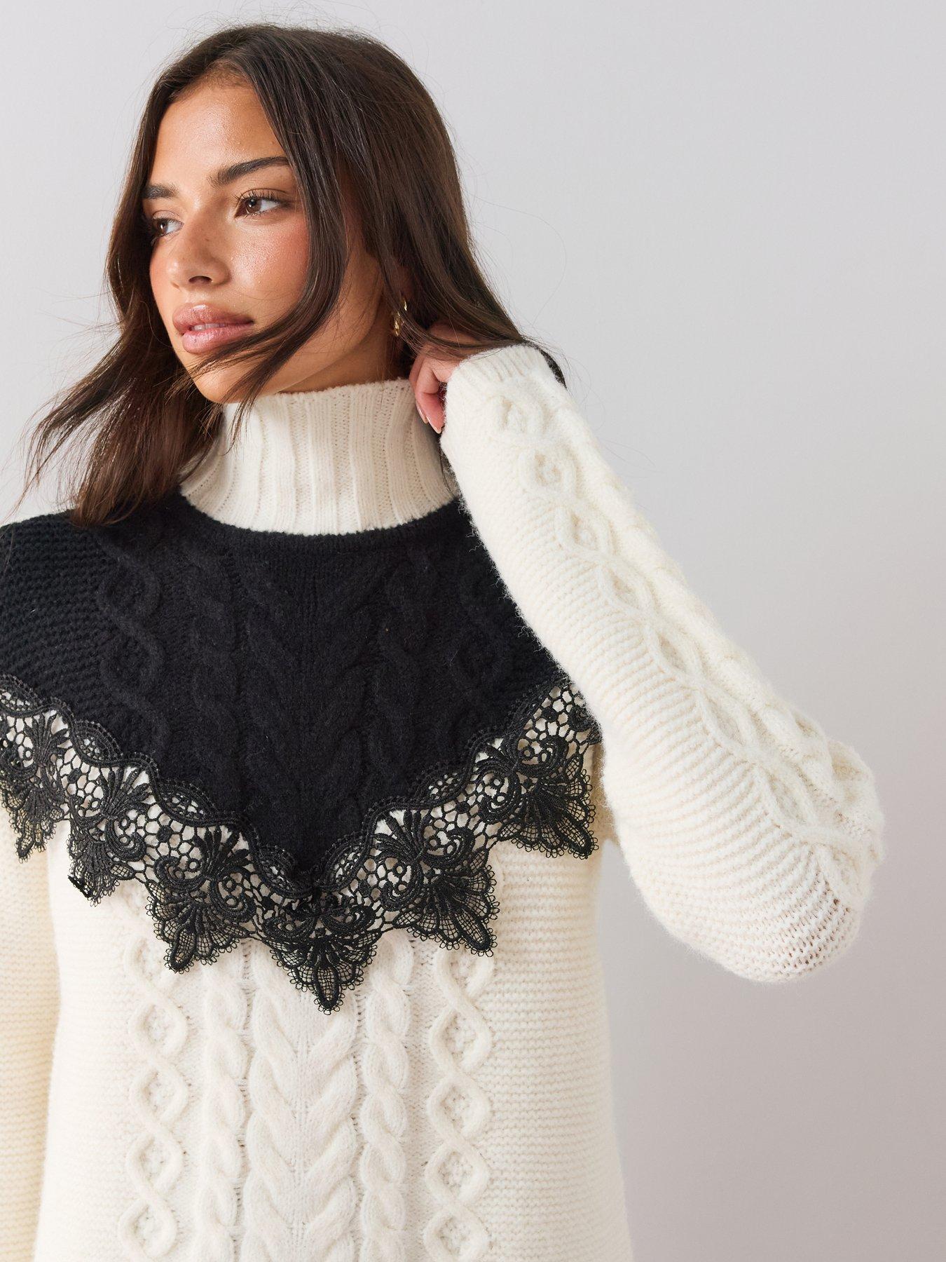 Image 4 of 6 of The Very Collection The Very Collection Womens Contrast Lace Cable Funnel Neck Jumper - Cream