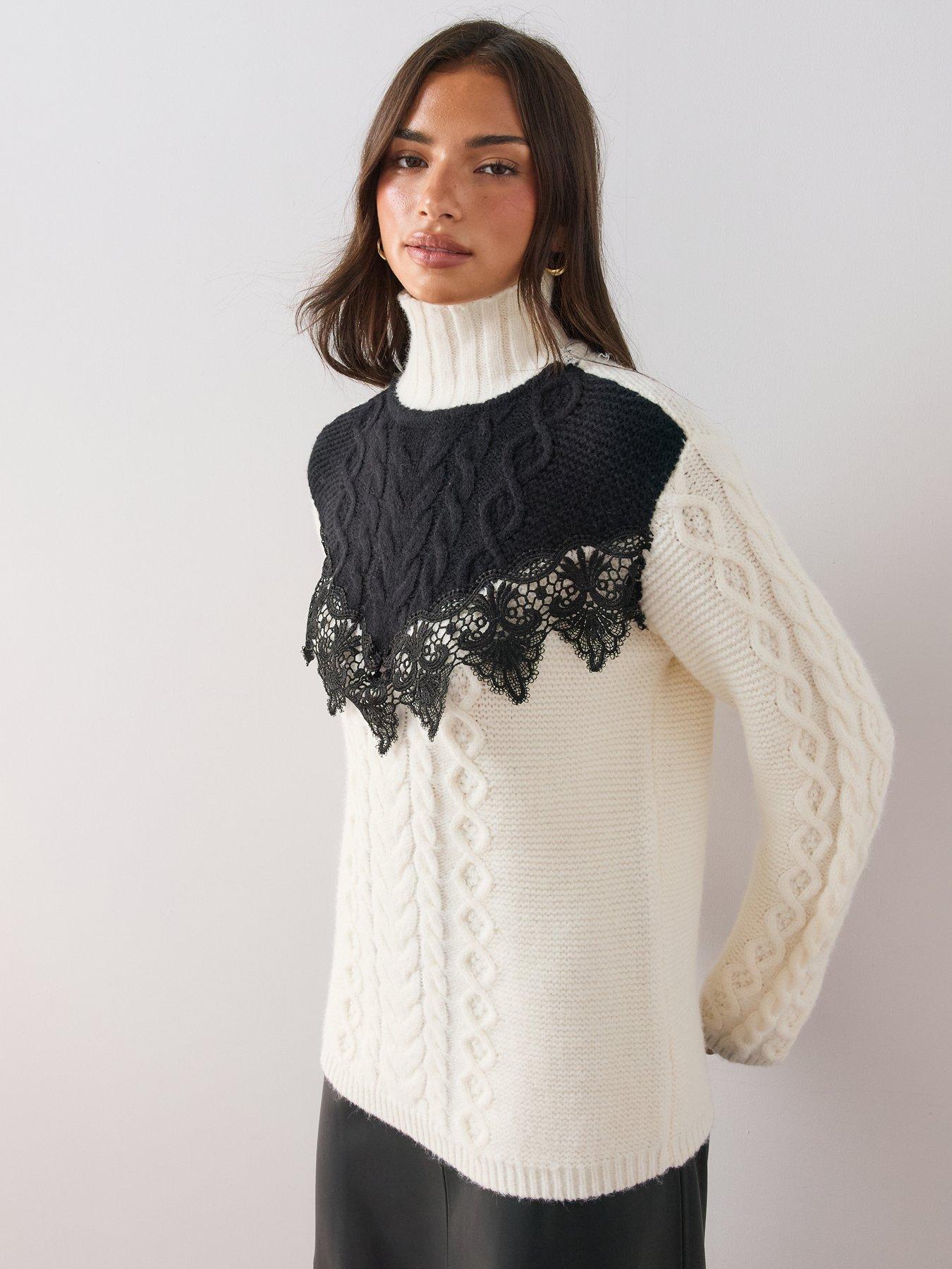 Image 5 of 6 of The Very Collection The Very Collection Womens Contrast Lace Cable Funnel Neck Jumper - Cream