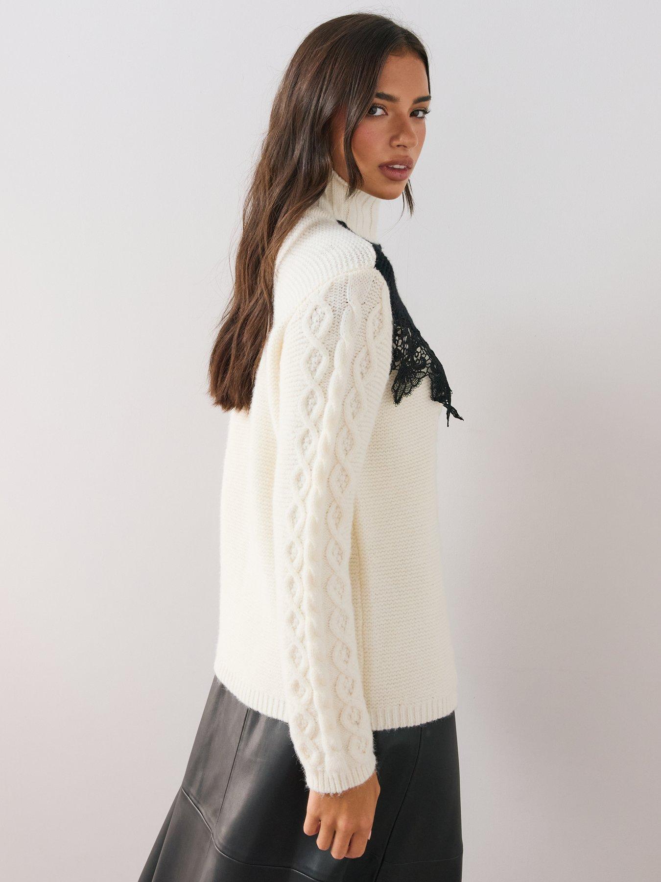 Image 6 of 6 of The Very Collection The Very Collection Womens Contrast Lace Cable Funnel Neck Jumper - Cream