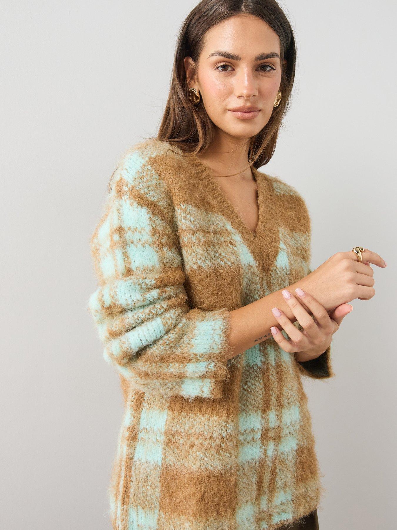 Image 1 of 6 of The Very Collection V Neck Checked Jumper With Wool - Brown / Mint