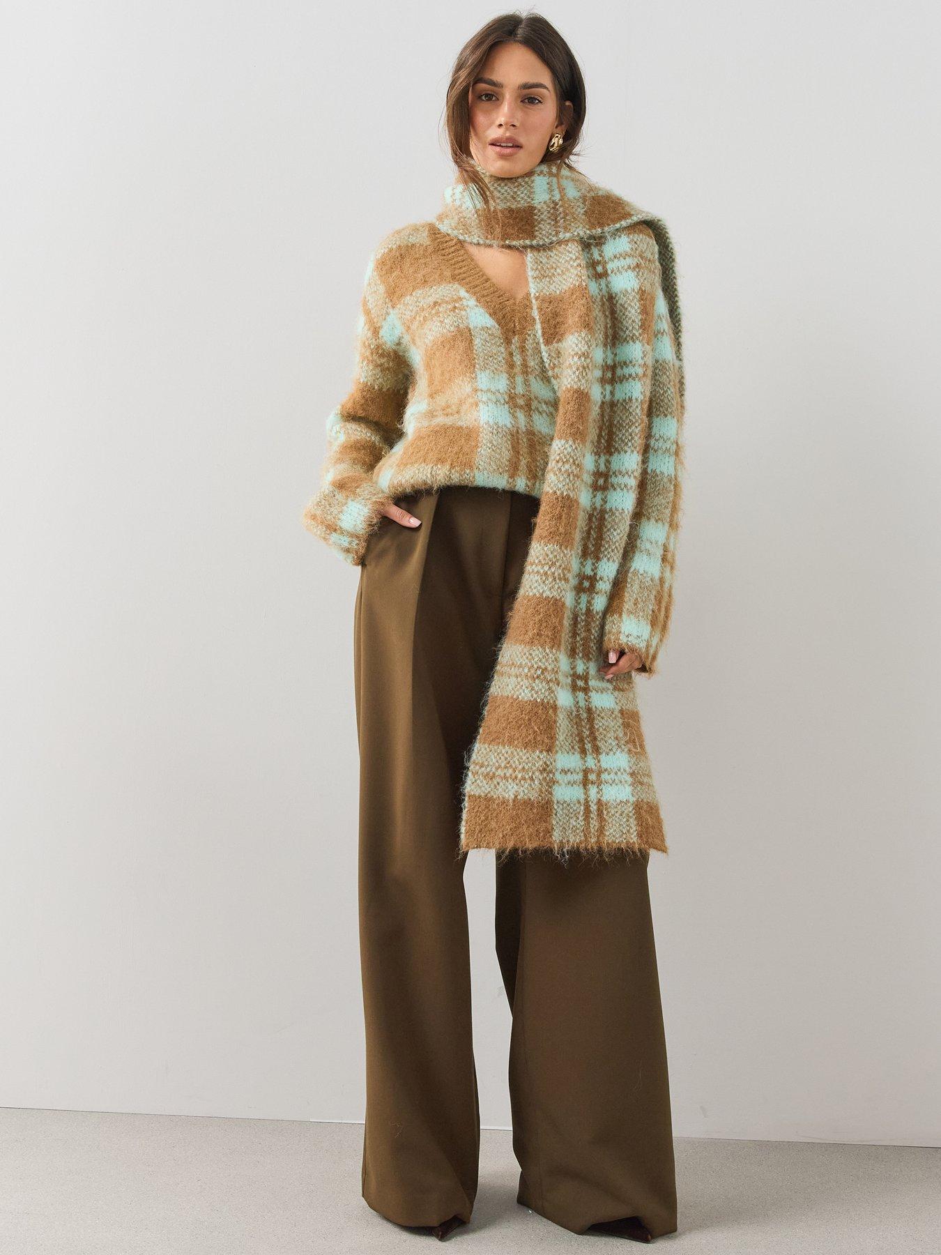 Image 3 of 6 of The Very Collection V Neck Checked Jumper With Wool - Brown / Mint