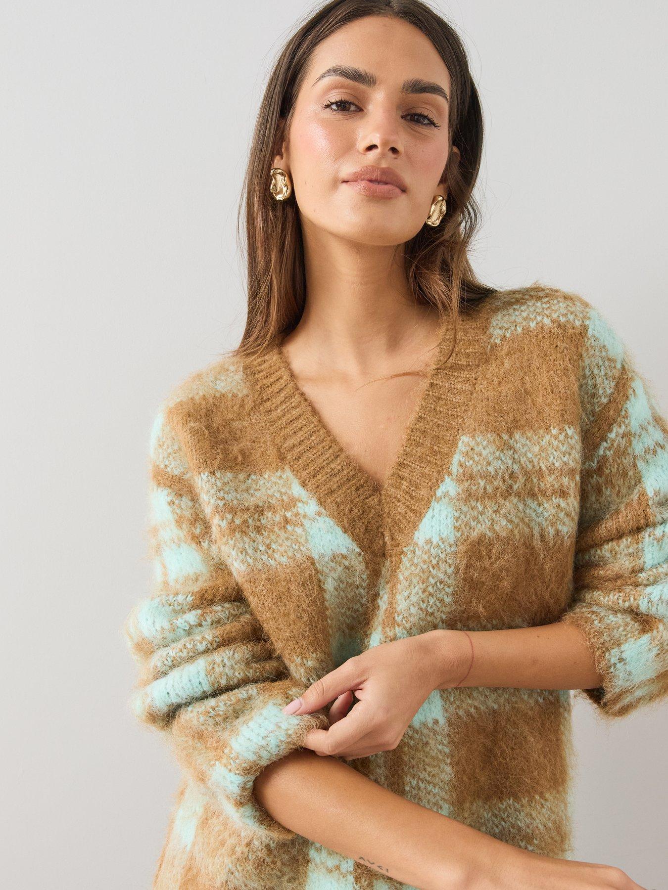 Image 4 of 6 of The Very Collection V Neck Checked Jumper With Wool - Brown / Mint