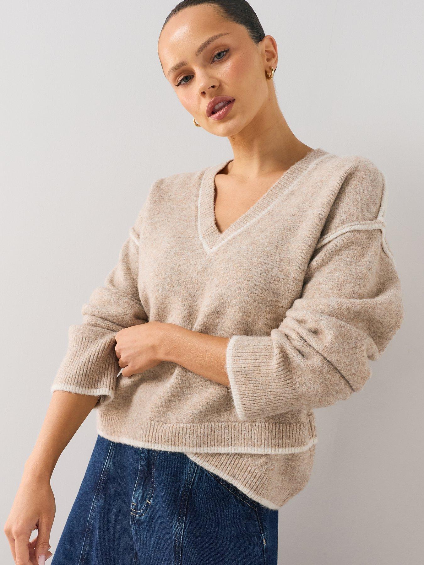 The Very Collection V Neck Tipping Jumper With Wool - Beige