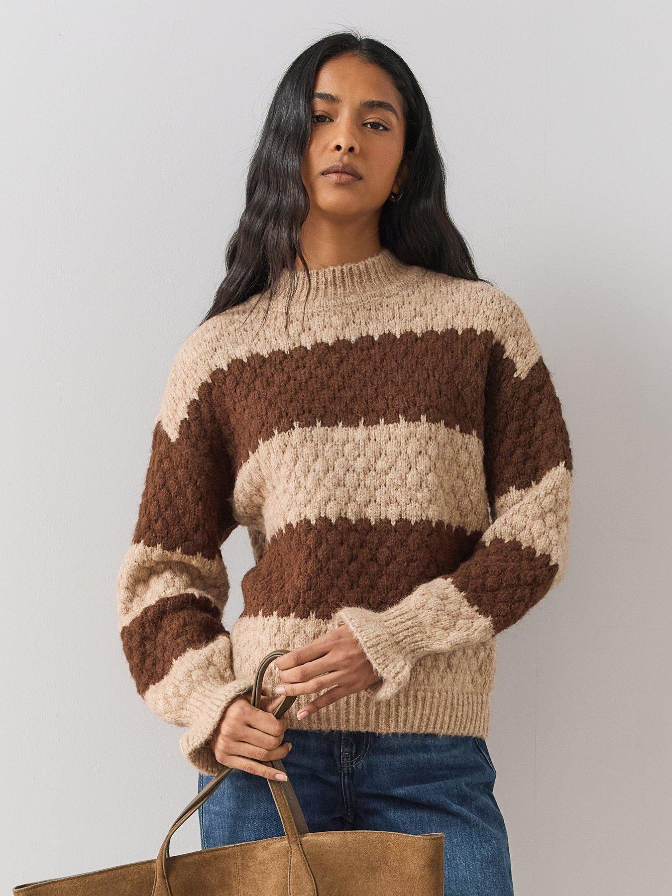 Image 1 of 6 of The Very Collection The Very Collection Womens Funnel Neck Striped Textured Jumper - Brown