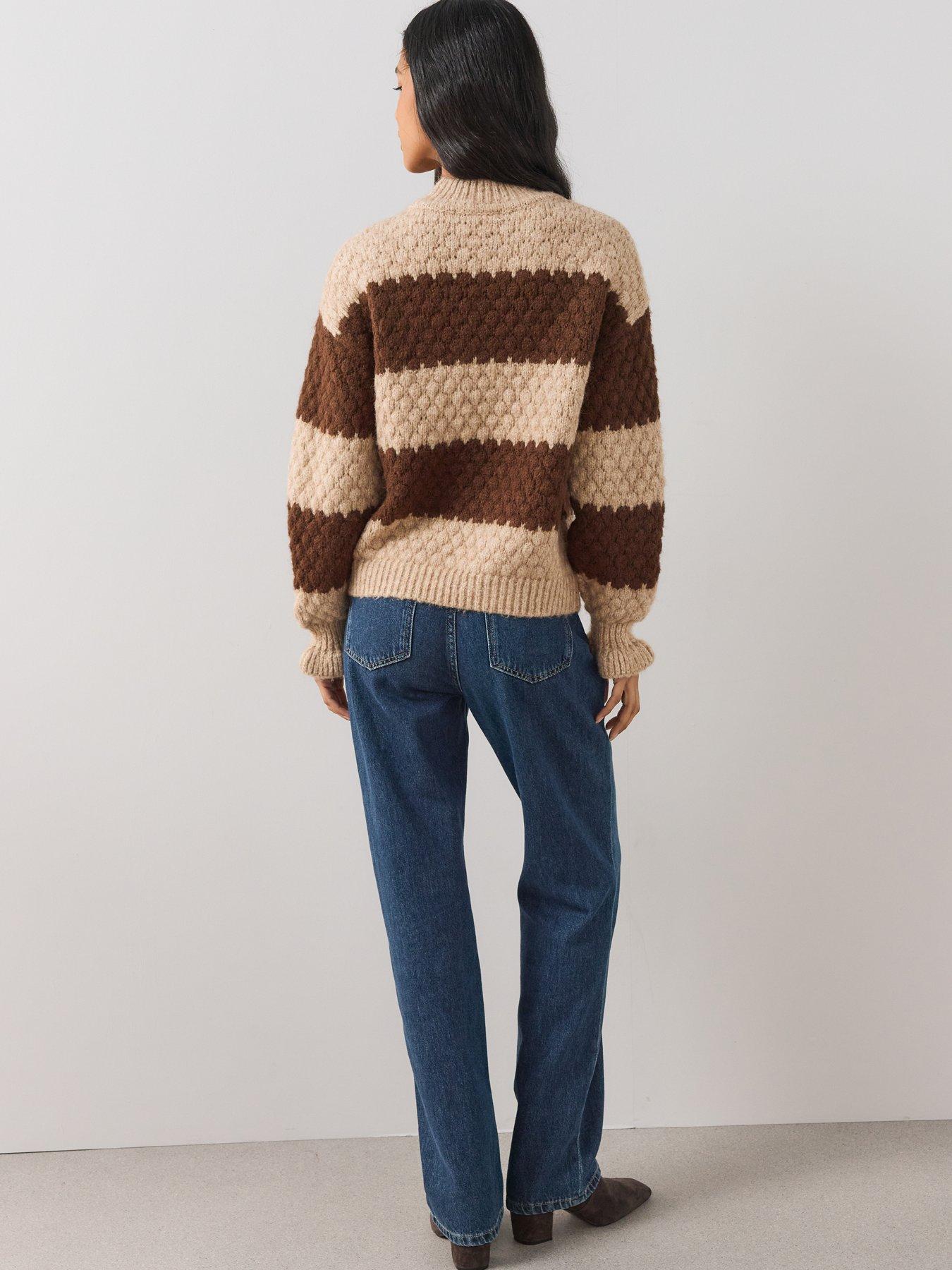 Image 2 of 6 of The Very Collection The Very Collection Womens Funnel Neck Striped Textured Jumper - Brown