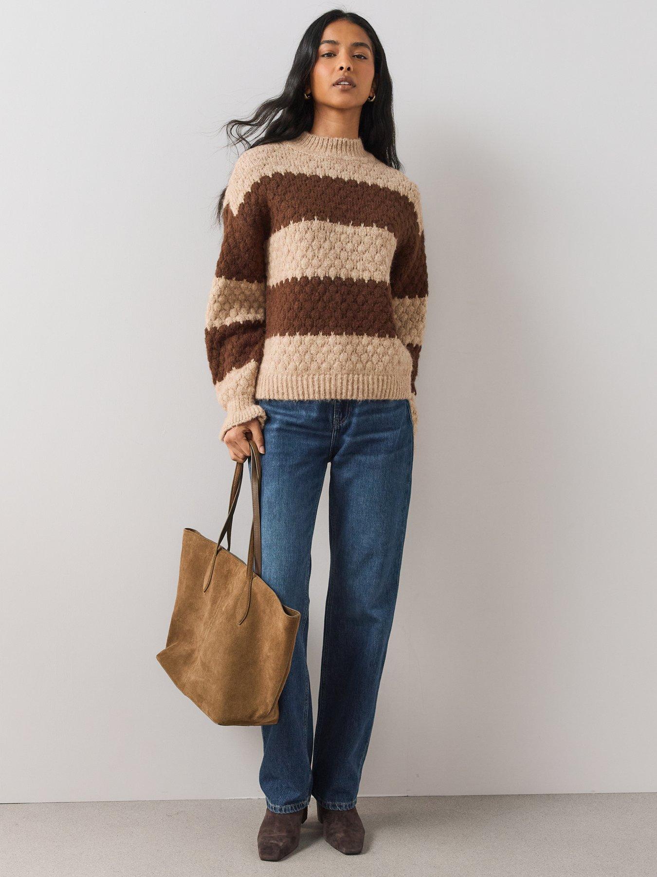 Image 3 of 6 of The Very Collection The Very Collection Womens Funnel Neck Striped Textured Jumper - Brown