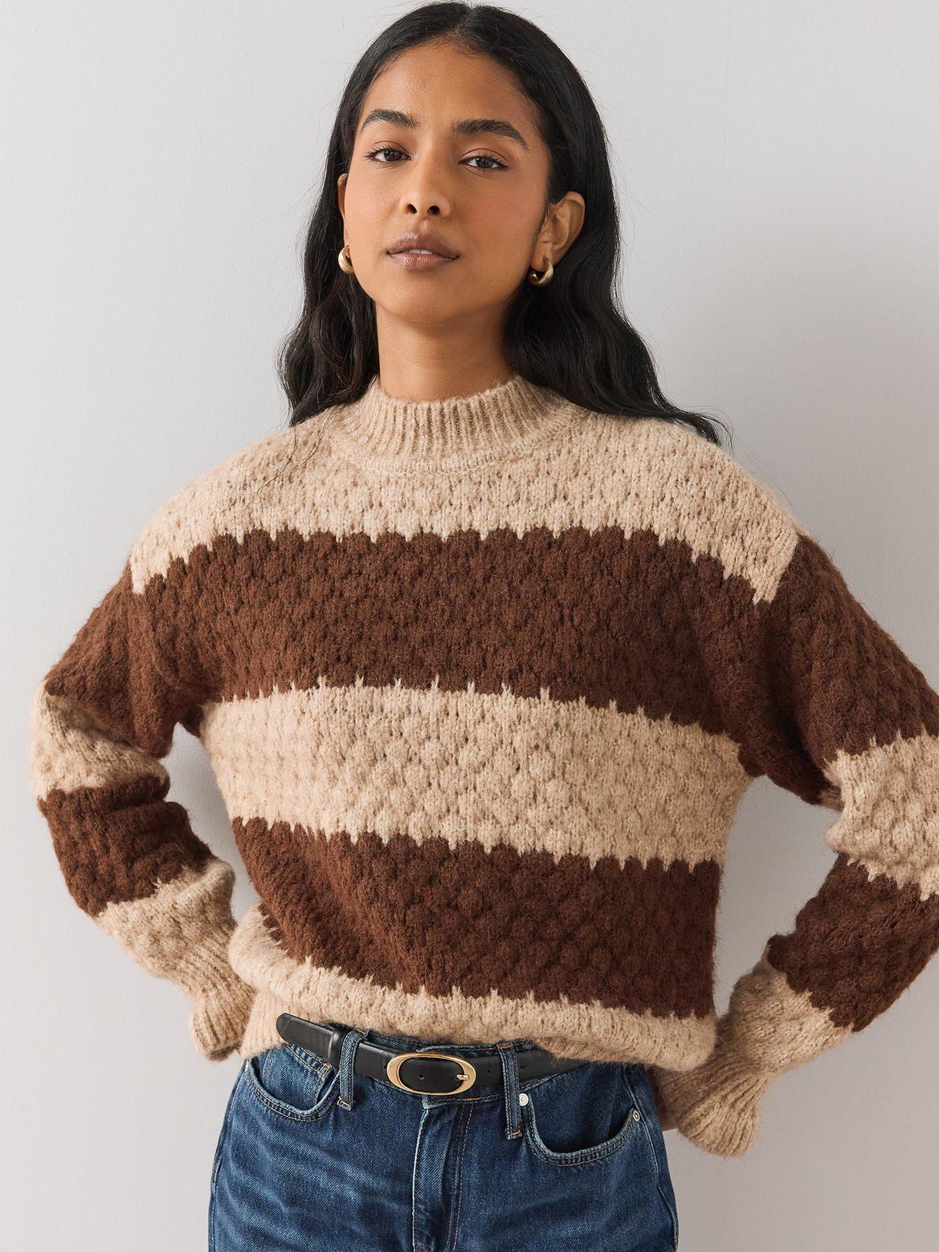 Image 4 of 6 of The Very Collection The Very Collection Womens Funnel Neck Striped Textured Jumper - Brown