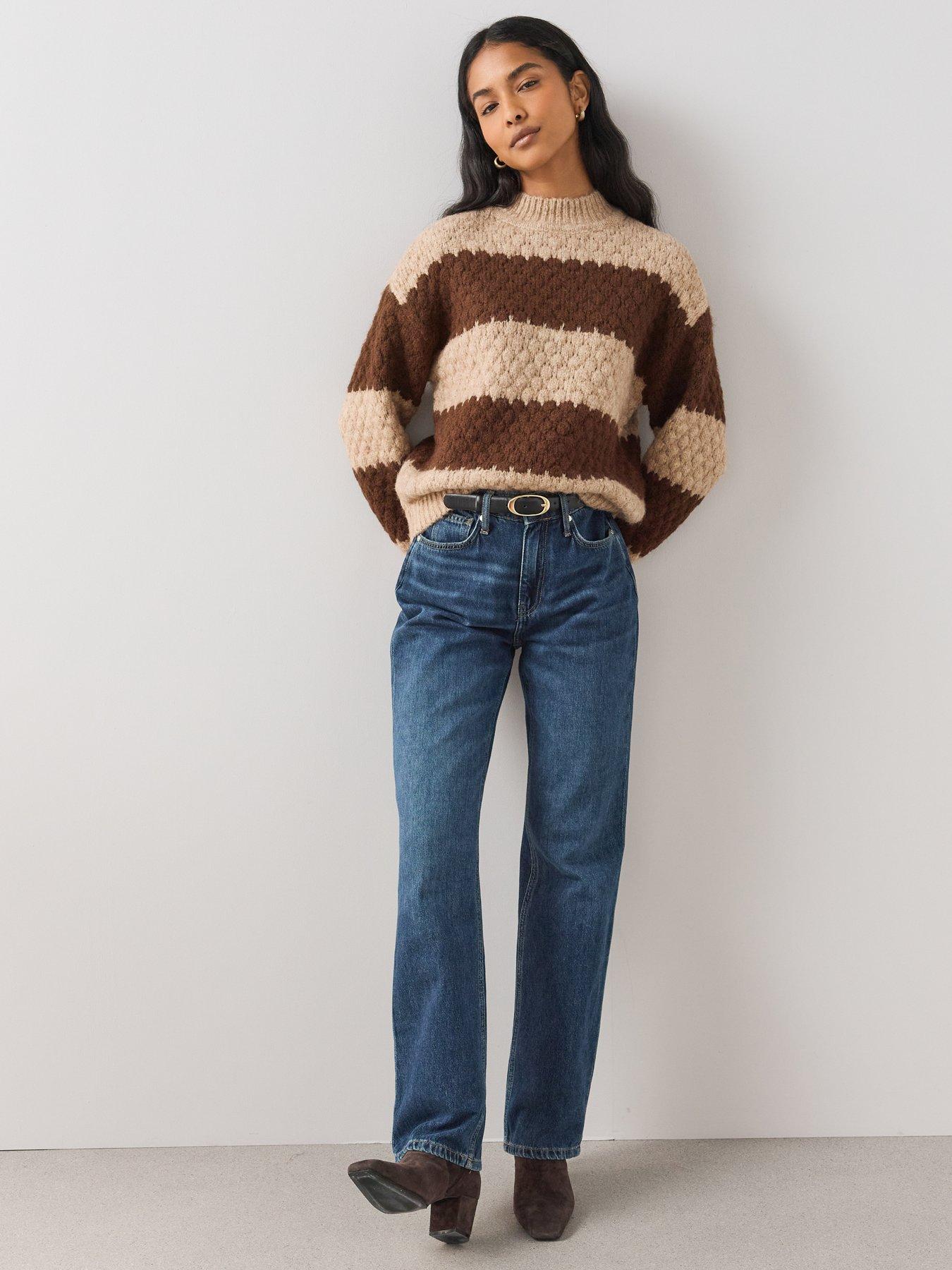 Image 5 of 6 of The Very Collection The Very Collection Womens Funnel Neck Striped Textured Jumper - Brown