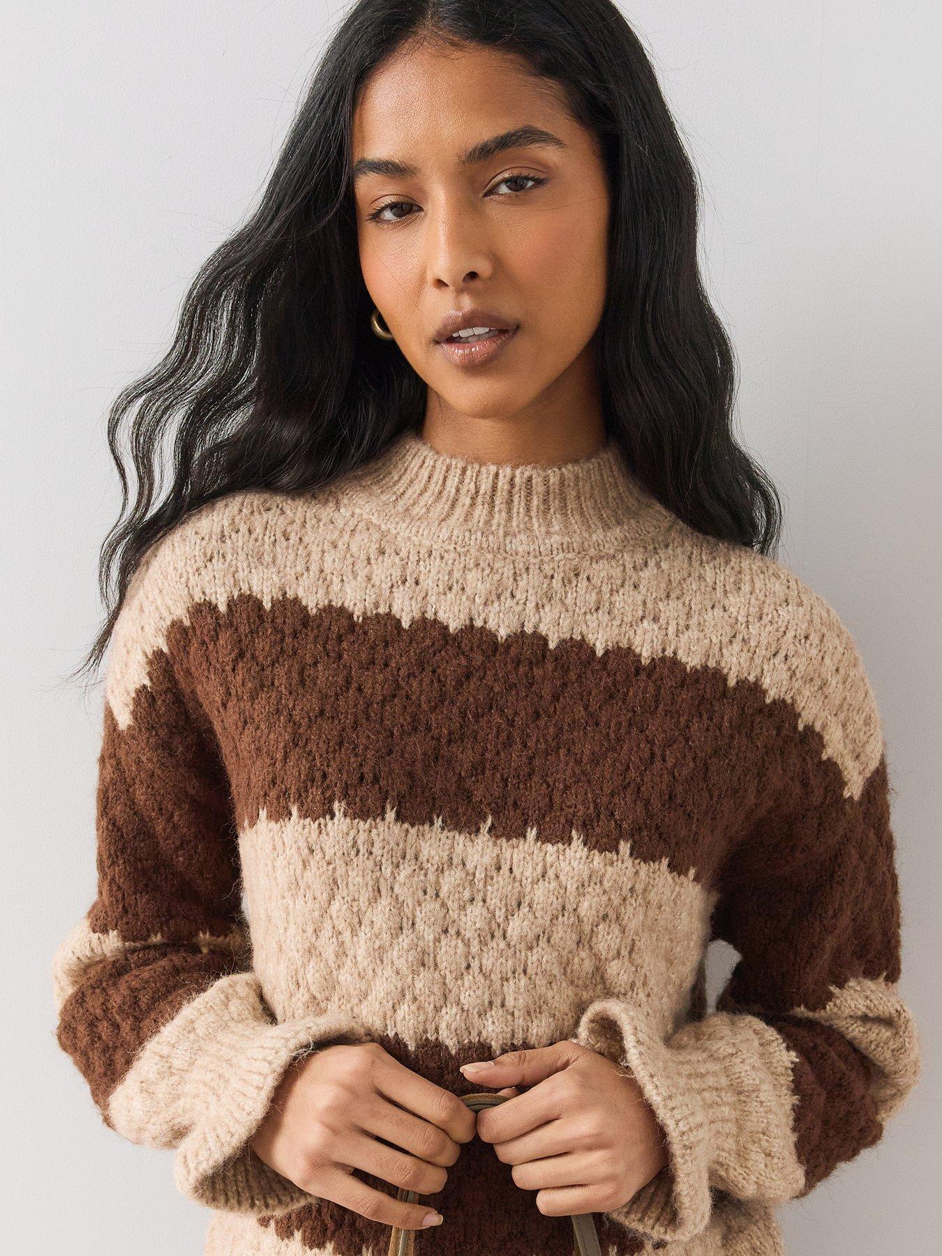 Image 6 of 6 of The Very Collection The Very Collection Womens Funnel Neck Striped Textured Jumper - Brown