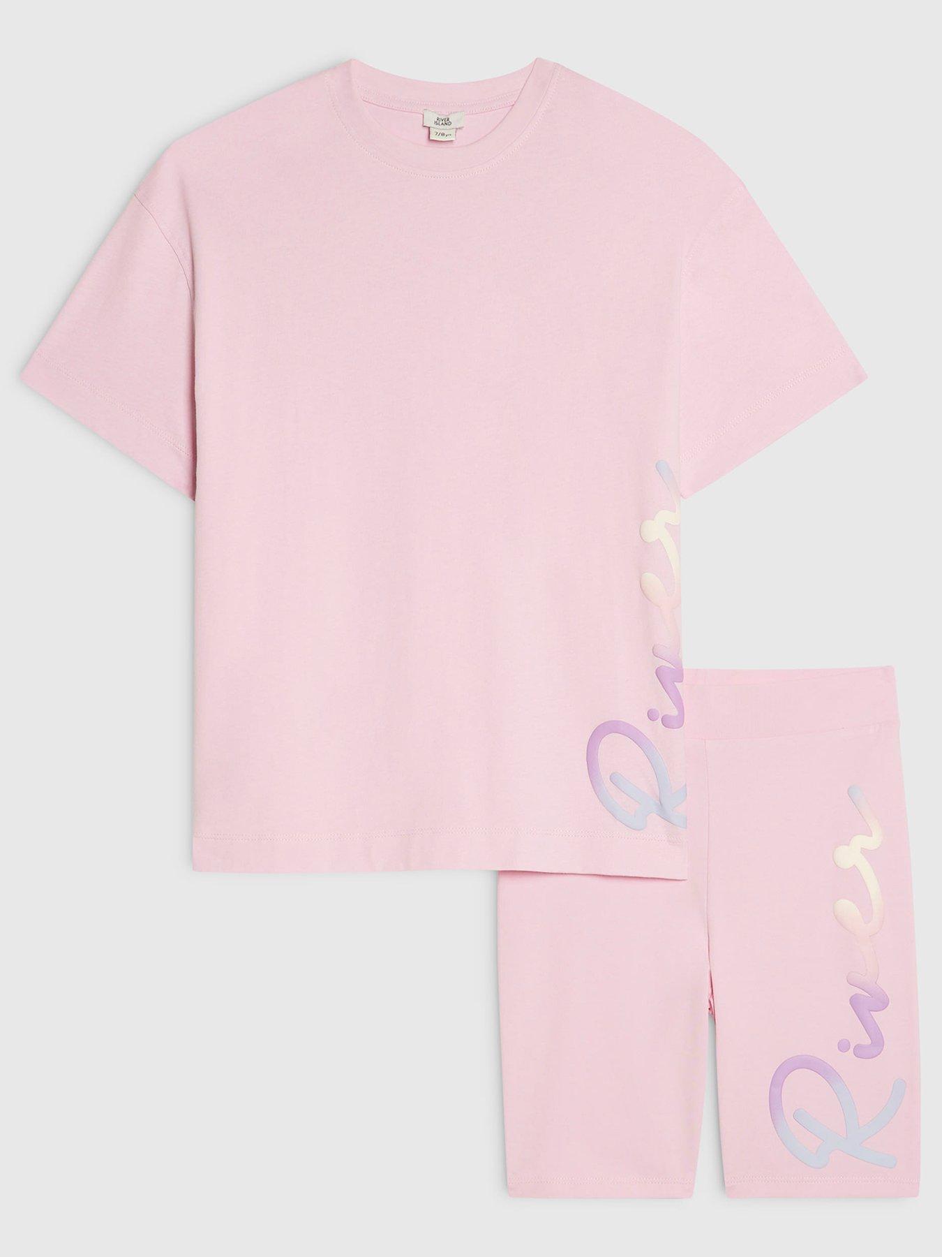 River Island Girls Rainbow T-Shirt  &  Shorts Set - Pink