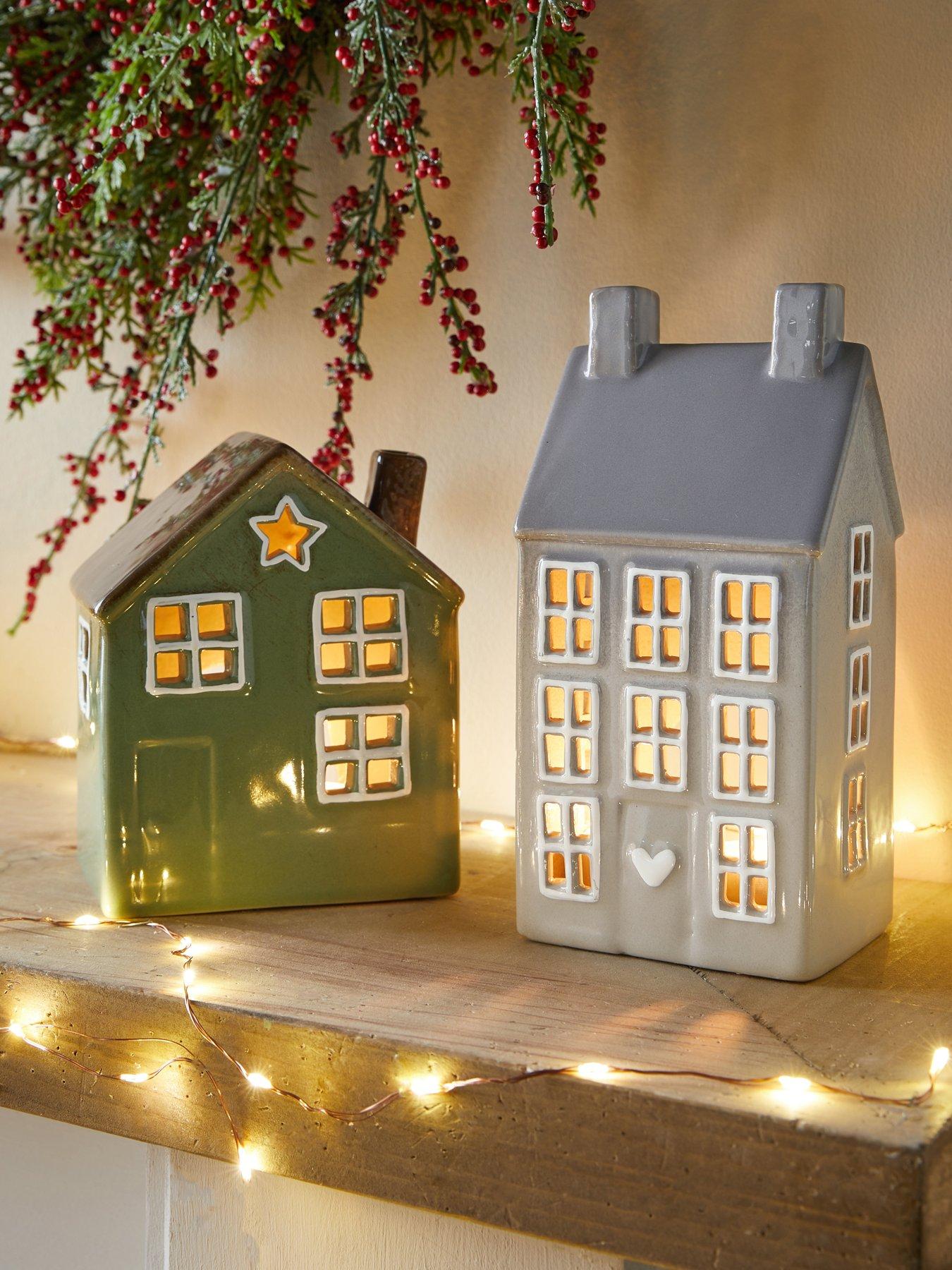 The Very Collection Set Of 2 Ceramic House Tealight Holder Christmas Decorations in Multi