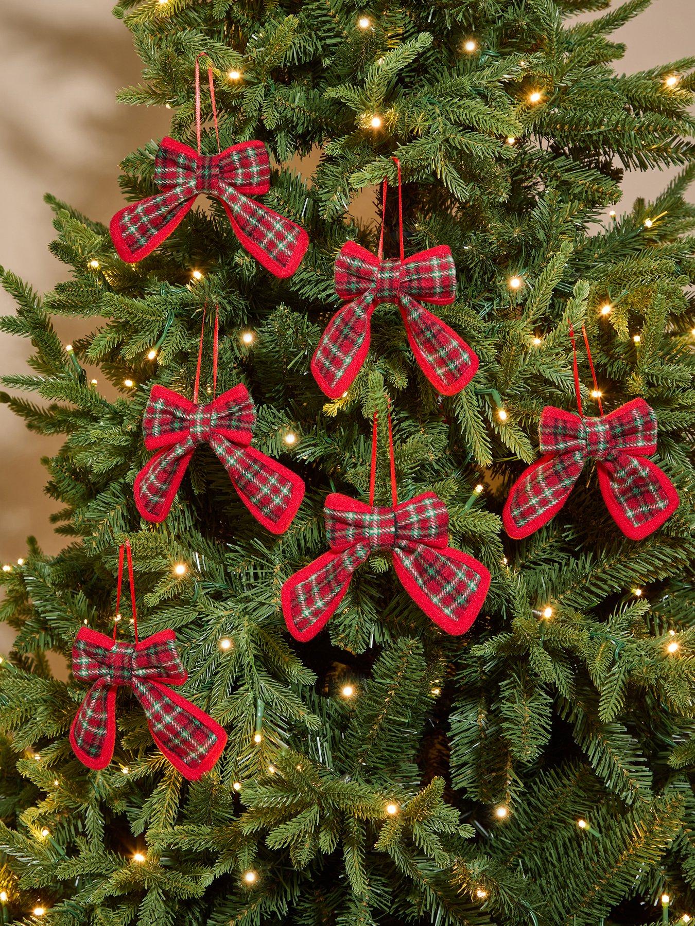 The Very Collection Set of 6 Velvet Checked Bow Christmas Tree Decorations - Red