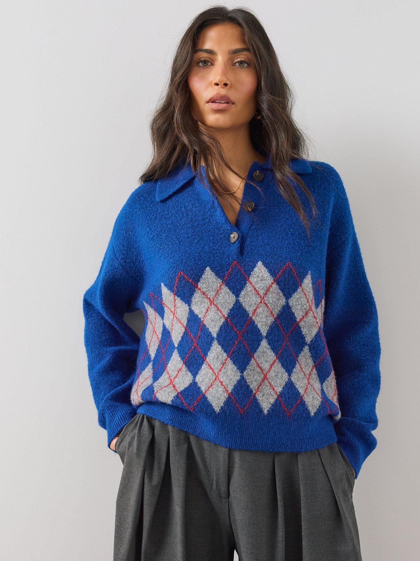 Image 1 of 6 of The Very Collection The Very Collection Womens Collared Button Placket Argyle Jumper - Blue