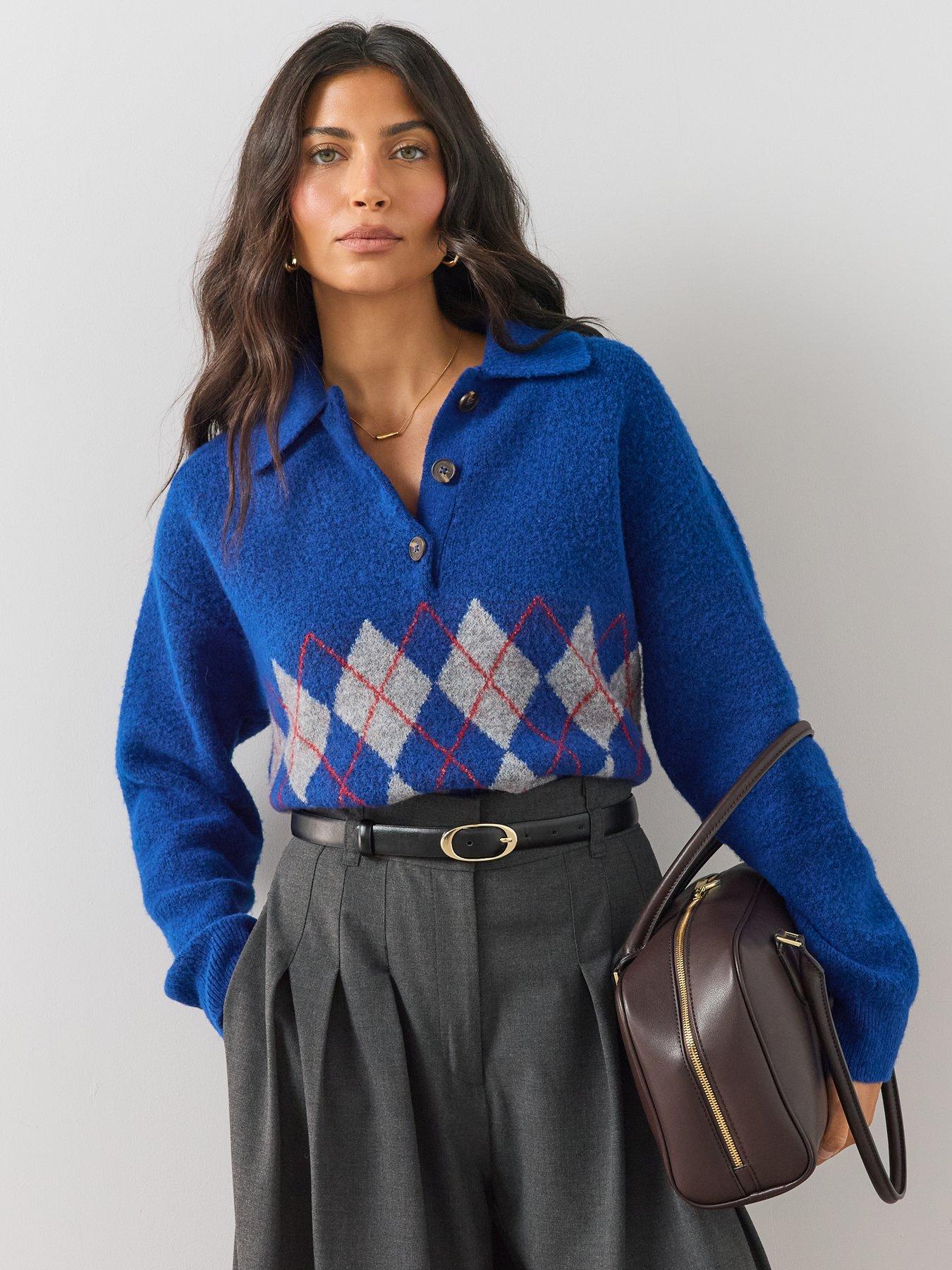 Image 4 of 6 of The Very Collection The Very Collection Womens Collared Button Placket Argyle Jumper - Blue