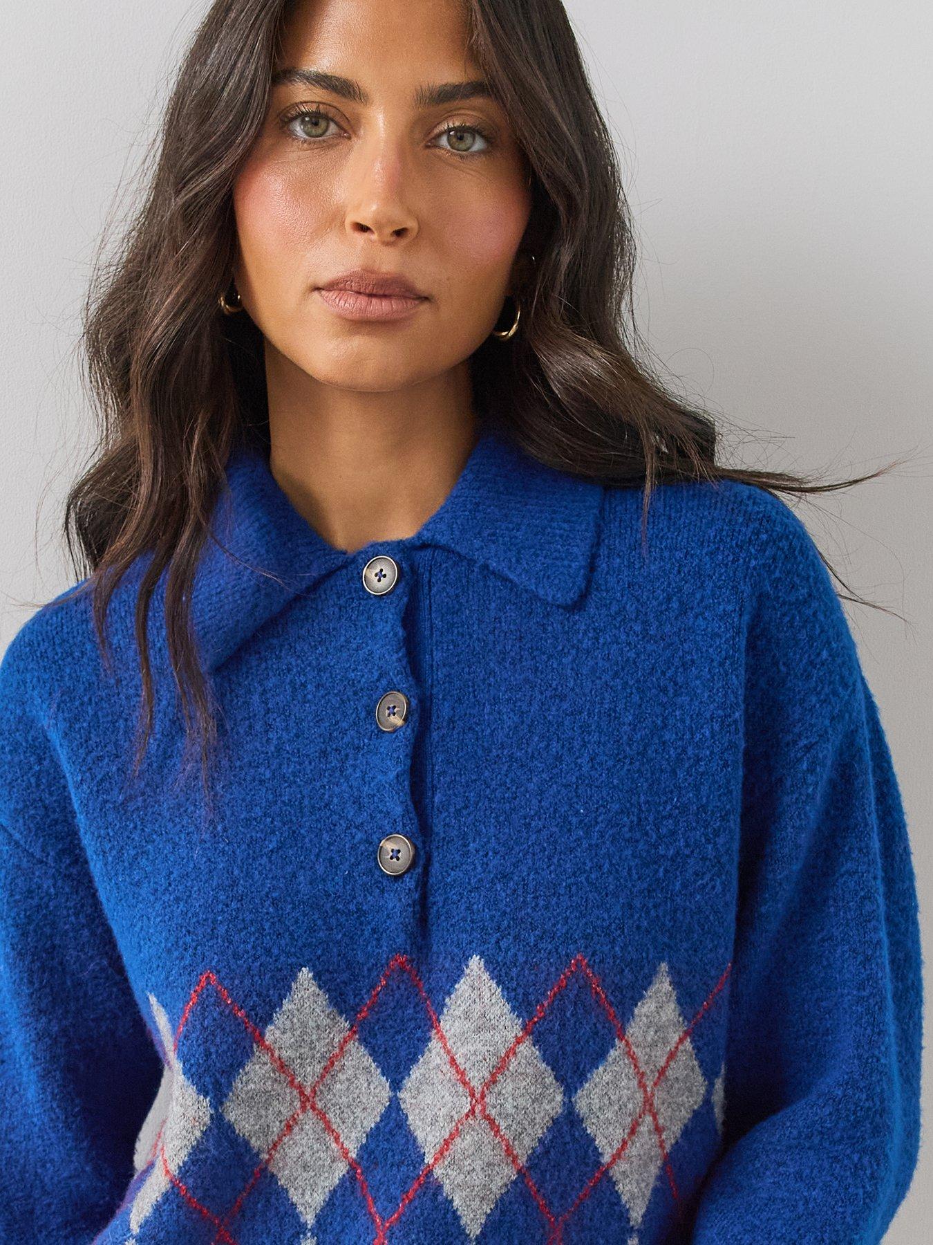 Image 6 of 6 of The Very Collection The Very Collection Womens Collared Button Placket Argyle Jumper - Blue