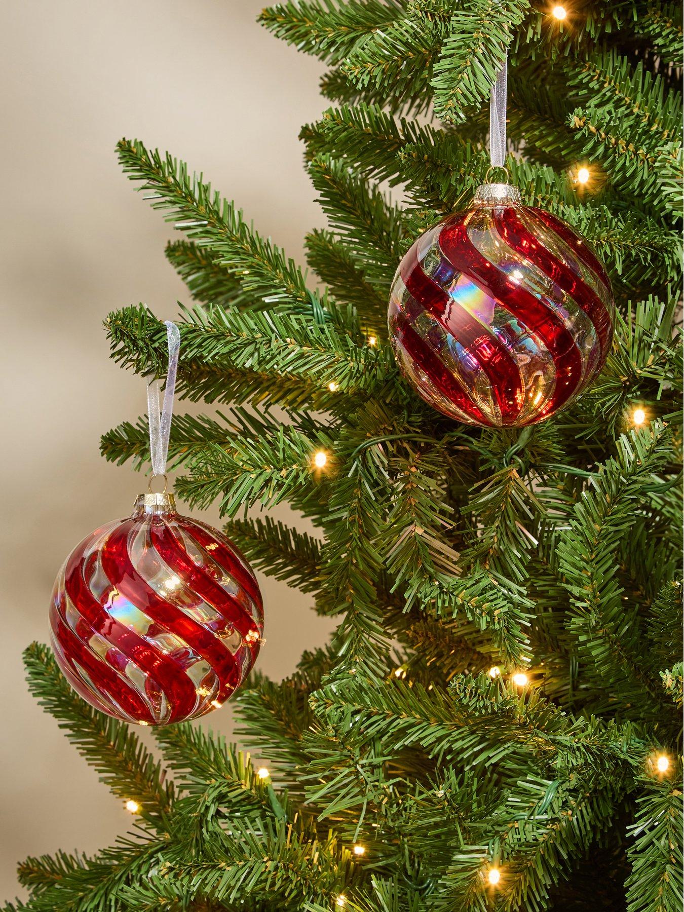 The Very Collection Set of 2 Glass Christmas Tree Baubles with Red Swirls