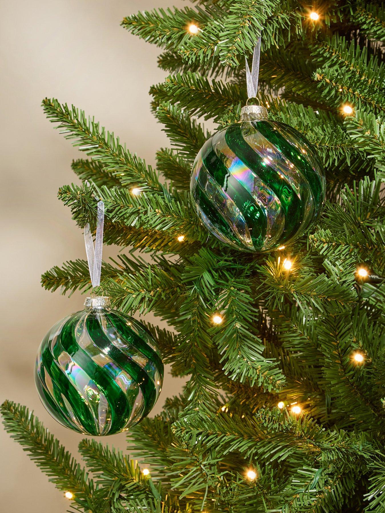 The Very Collection Set of 2 Glass Christmas Tree Baubles with Green Swirls