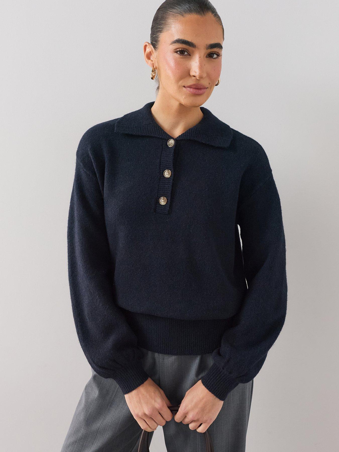 Image 1 of 7 of The Very Collection Collared Neck Cinched Waist Jumper- Navy