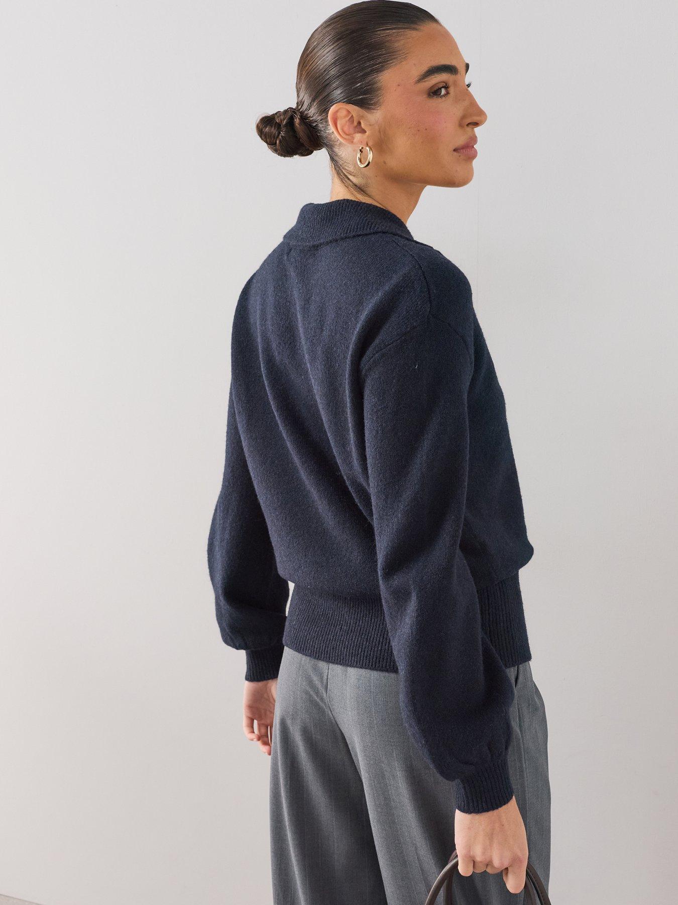 Image 2 of 7 of The Very Collection Collared Neck Cinched Waist Jumper- Navy