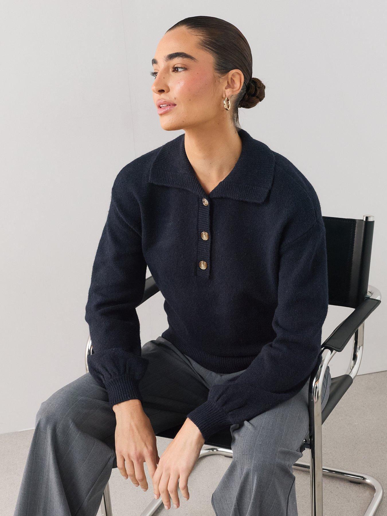Image 4 of 7 of The Very Collection Collared Neck Cinched Waist Jumper- Navy