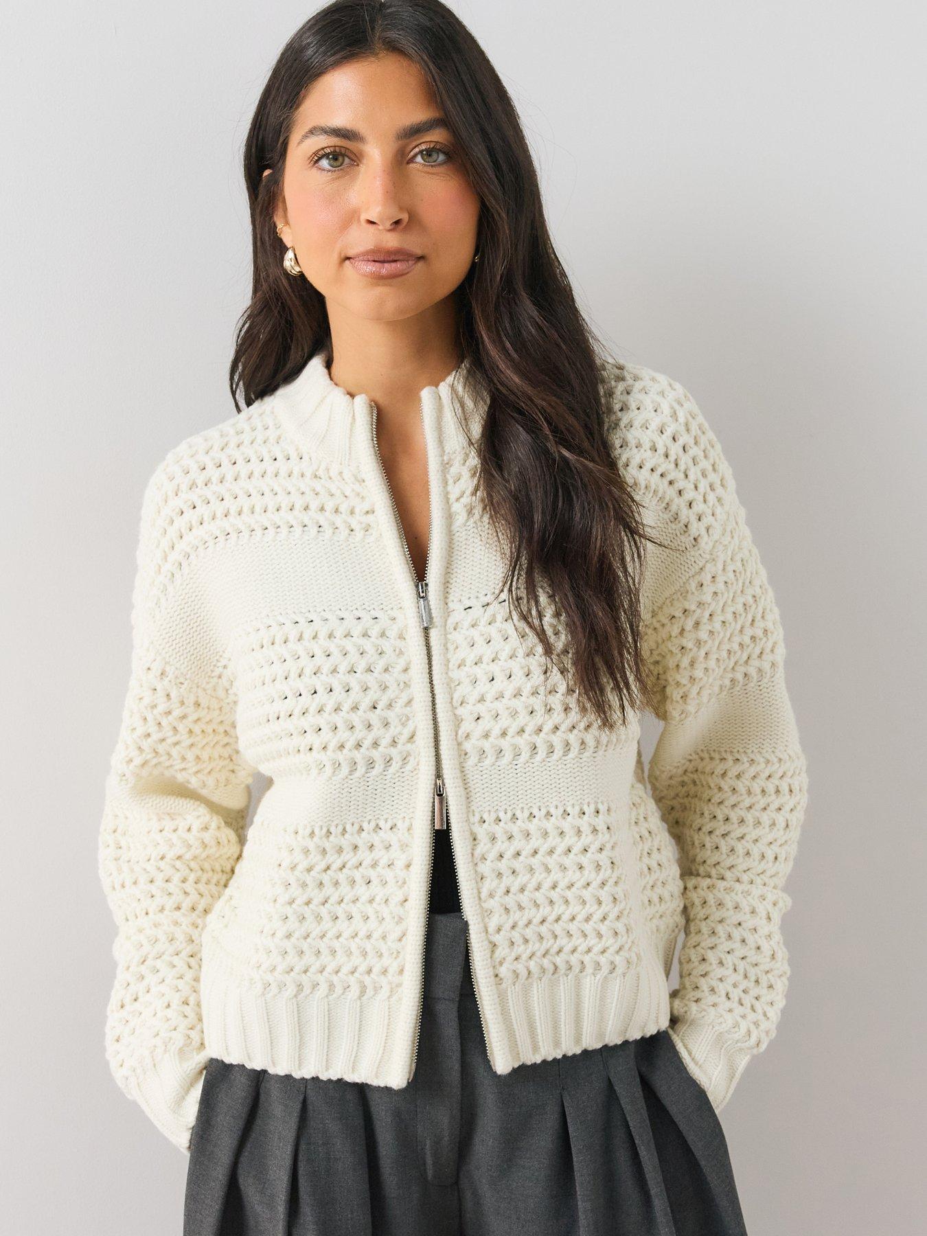 Image 1 of 6 of The Very Collection The Very Collection Womens Zip Through Knitted Bomber Cardigan - Cream