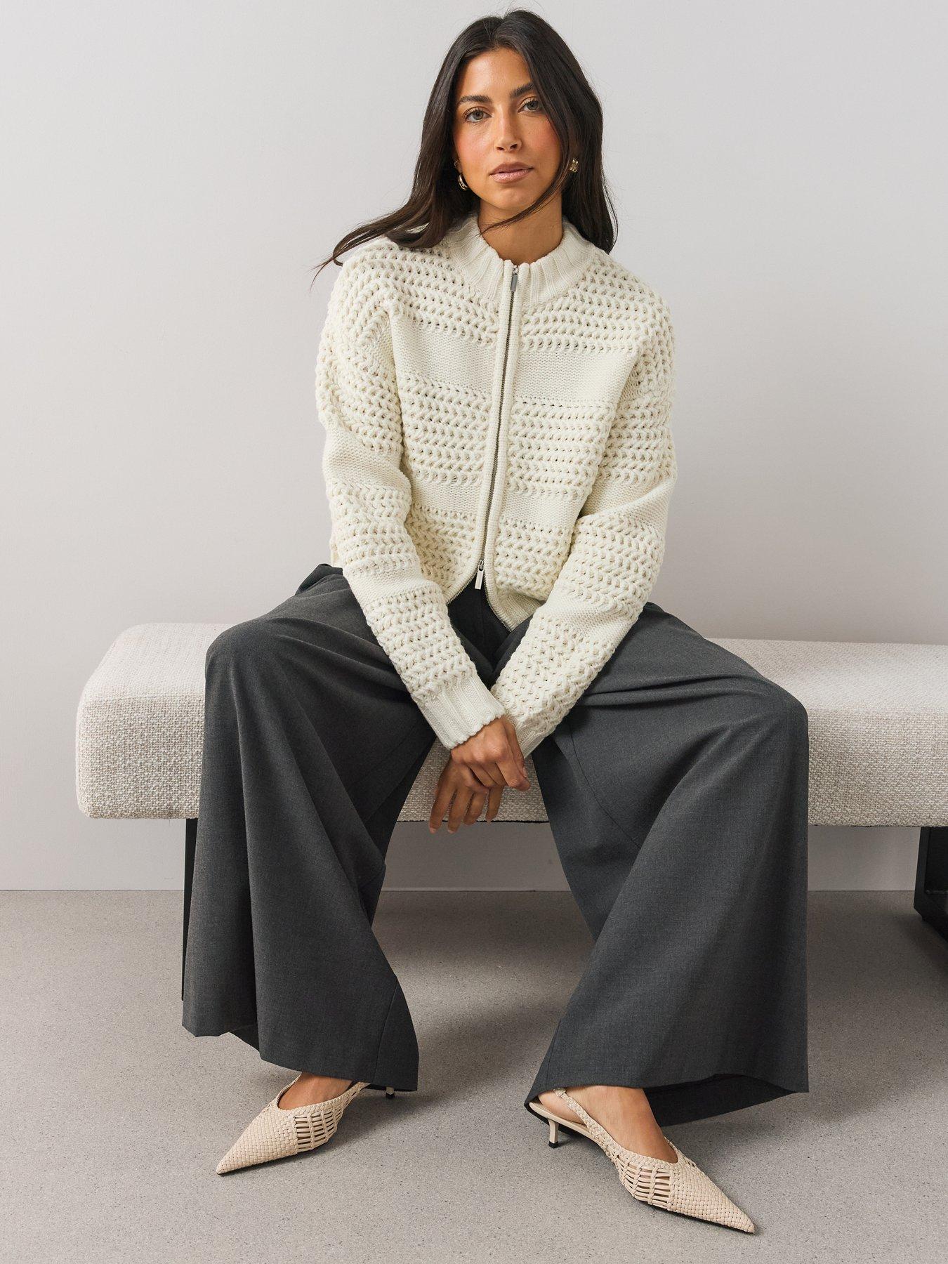 Image 4 of 6 of The Very Collection The Very Collection Womens Zip Through Knitted Bomber Cardigan - Cream