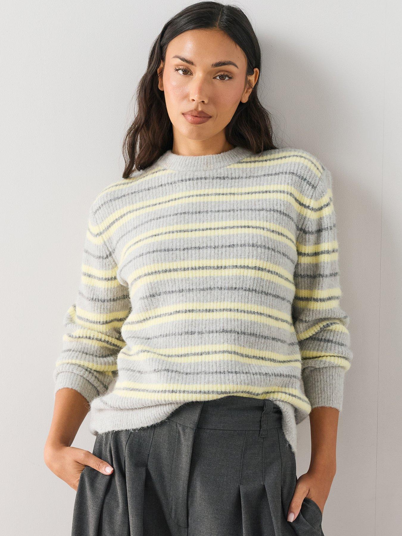 The Very Collection Crew Neck Stripe Jumper - Grey / Yellow