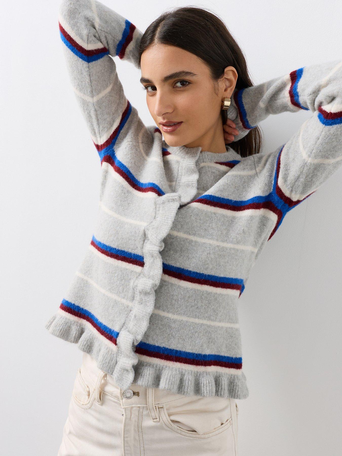 Image 1 of 7 of The Very Collection Crew Neck Frill Stripe Cardigan - Grey