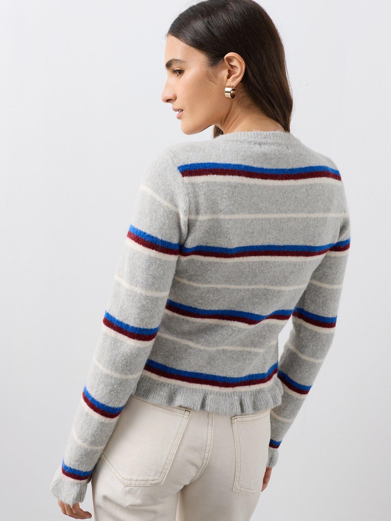 Image 2 of 7 of The Very Collection Crew Neck Frill Stripe Cardigan - Grey