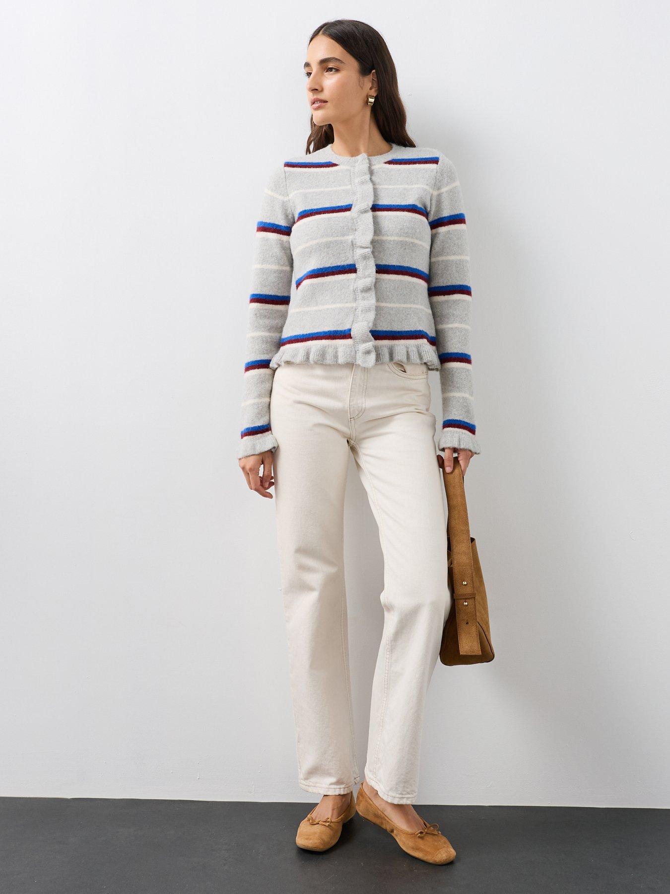 Image 3 of 7 of The Very Collection Crew Neck Frill Stripe Cardigan - Grey