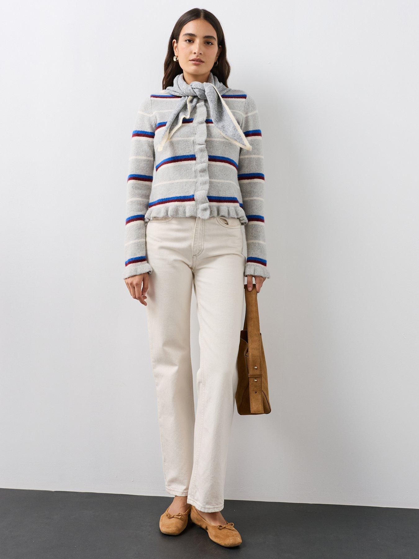 Image 4 of 7 of The Very Collection Crew Neck Frill Stripe Cardigan - Grey