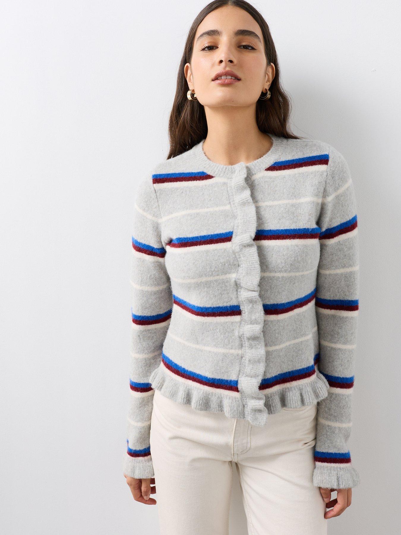 Image 5 of 7 of The Very Collection Crew Neck Frill Stripe Cardigan - Grey