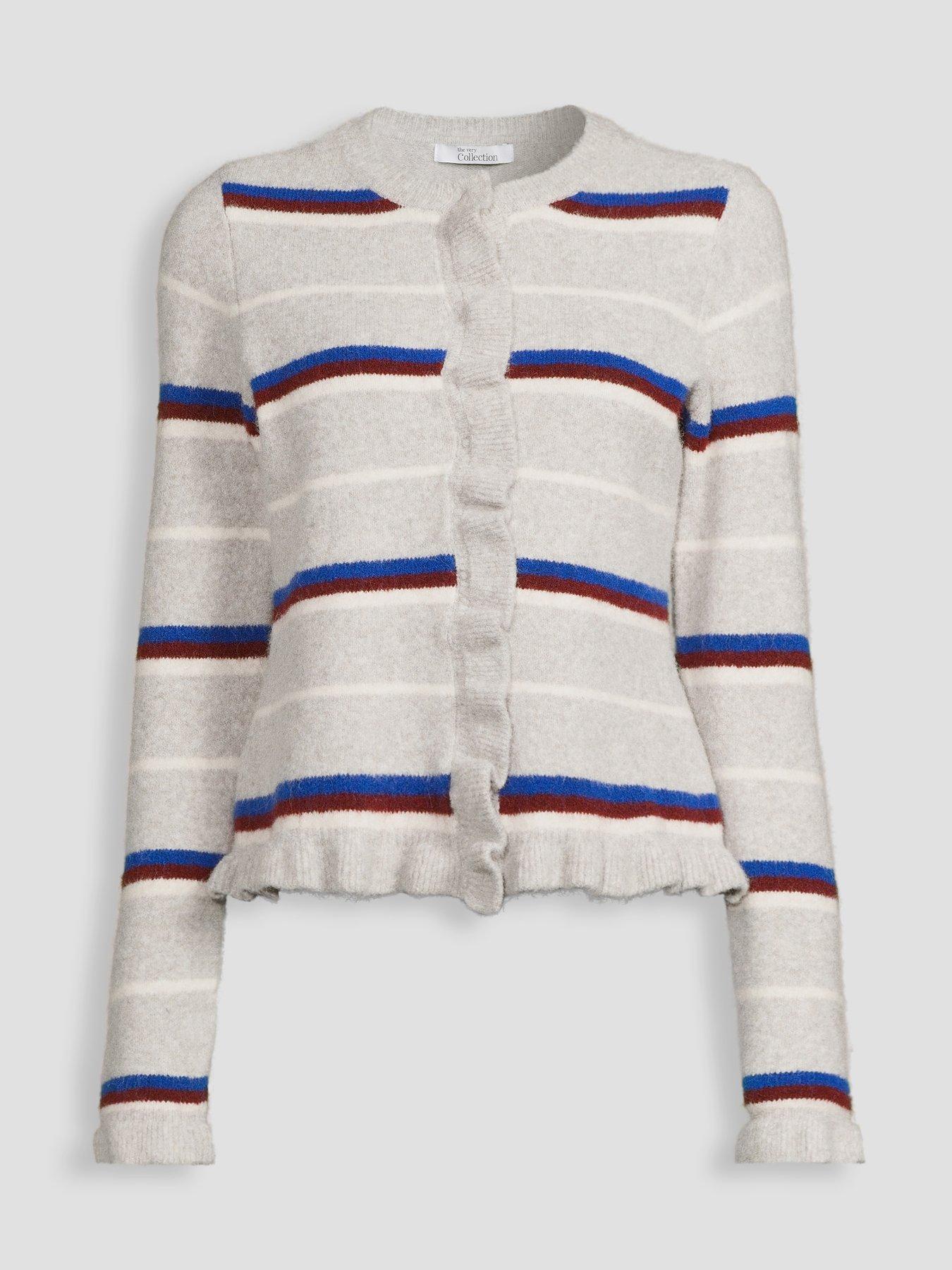 Image 7 of 7 of The Very Collection Crew Neck Frill Stripe Cardigan - Grey