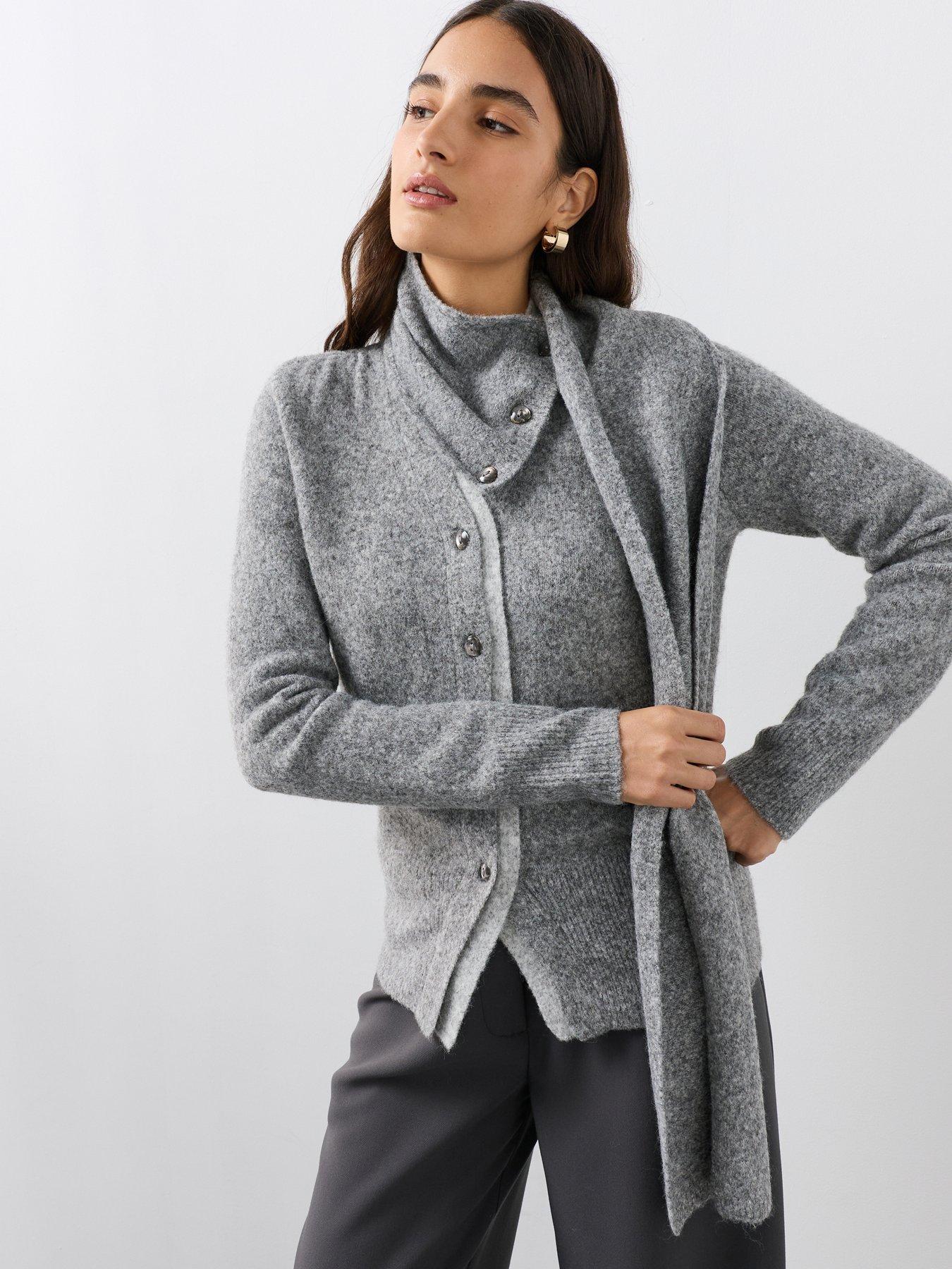 Image 1 of 7 of The Very Collection V Neck Contrast Cardigan With Scarf - Grey