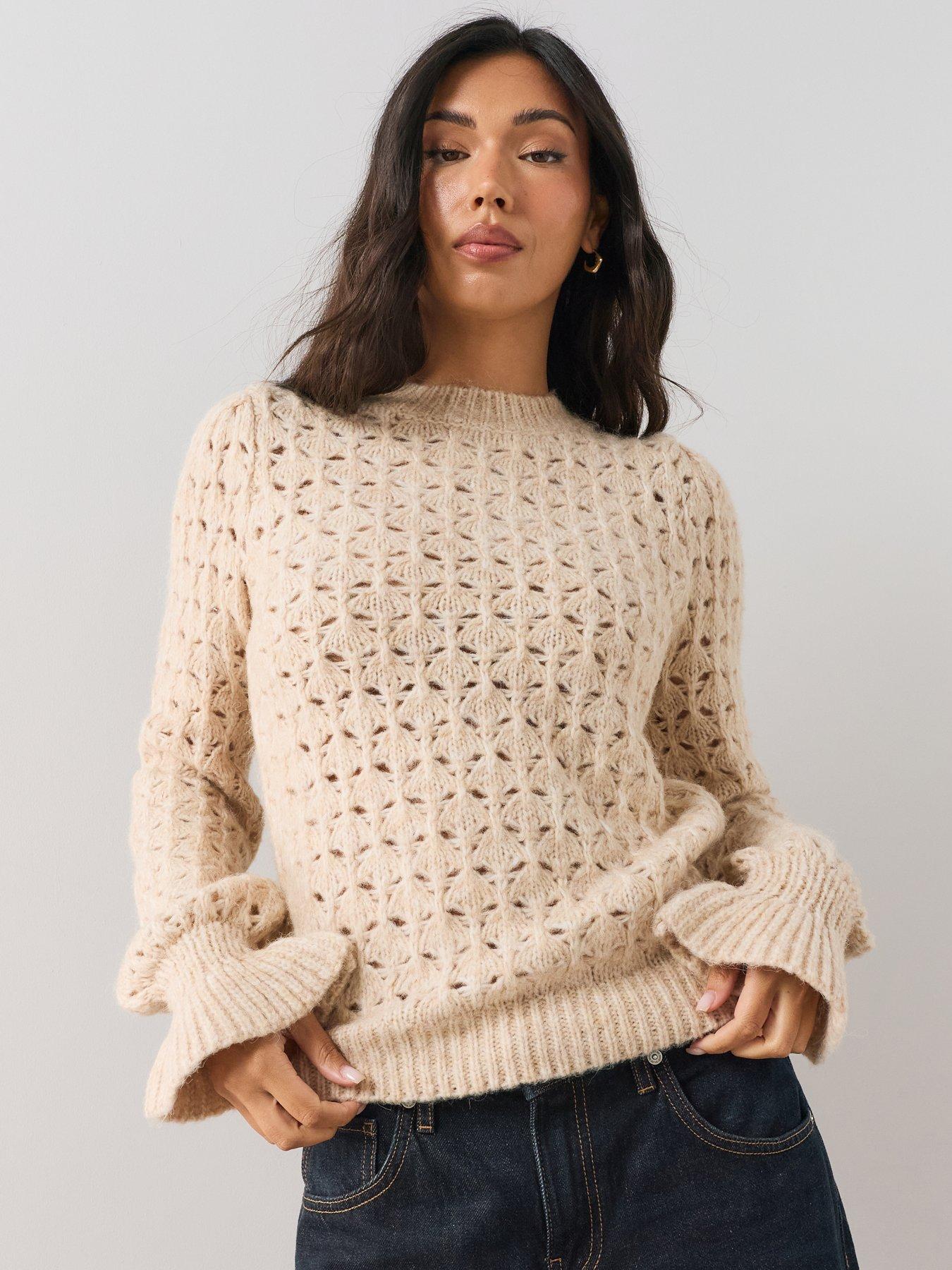 Image 1 of 7 of The Very Collection Crew Neck Open Stitch Frill Jumper With Wool - Beige