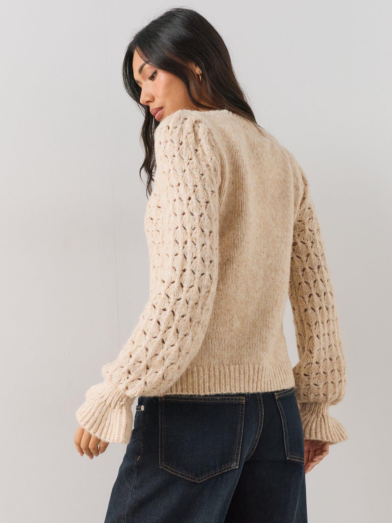Image 2 of 7 of The Very Collection Crew Neck Open Stitch Frill Jumper With Wool - Beige