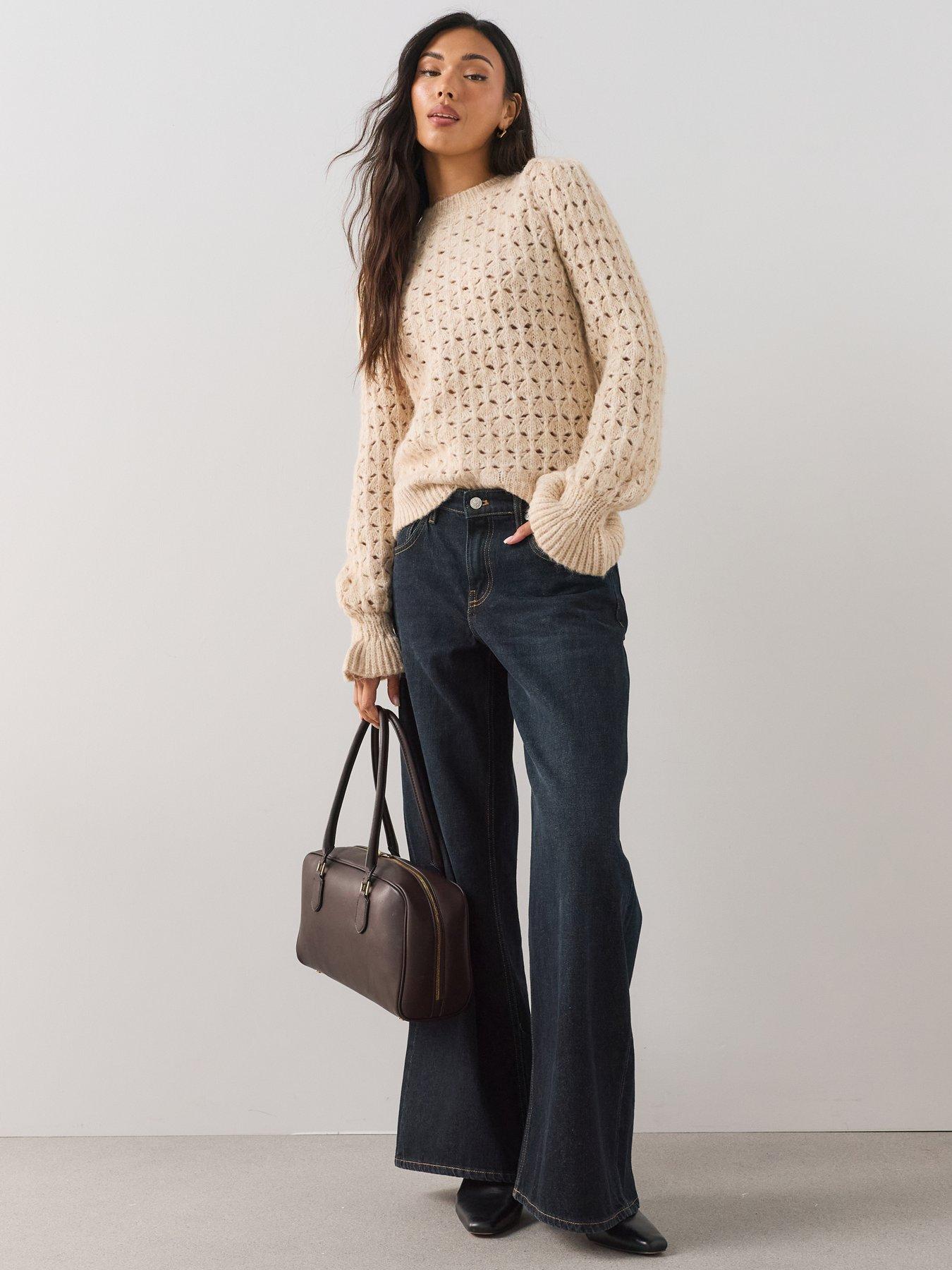 Image 3 of 7 of The Very Collection Crew Neck Open Stitch Frill Jumper With Wool - Beige