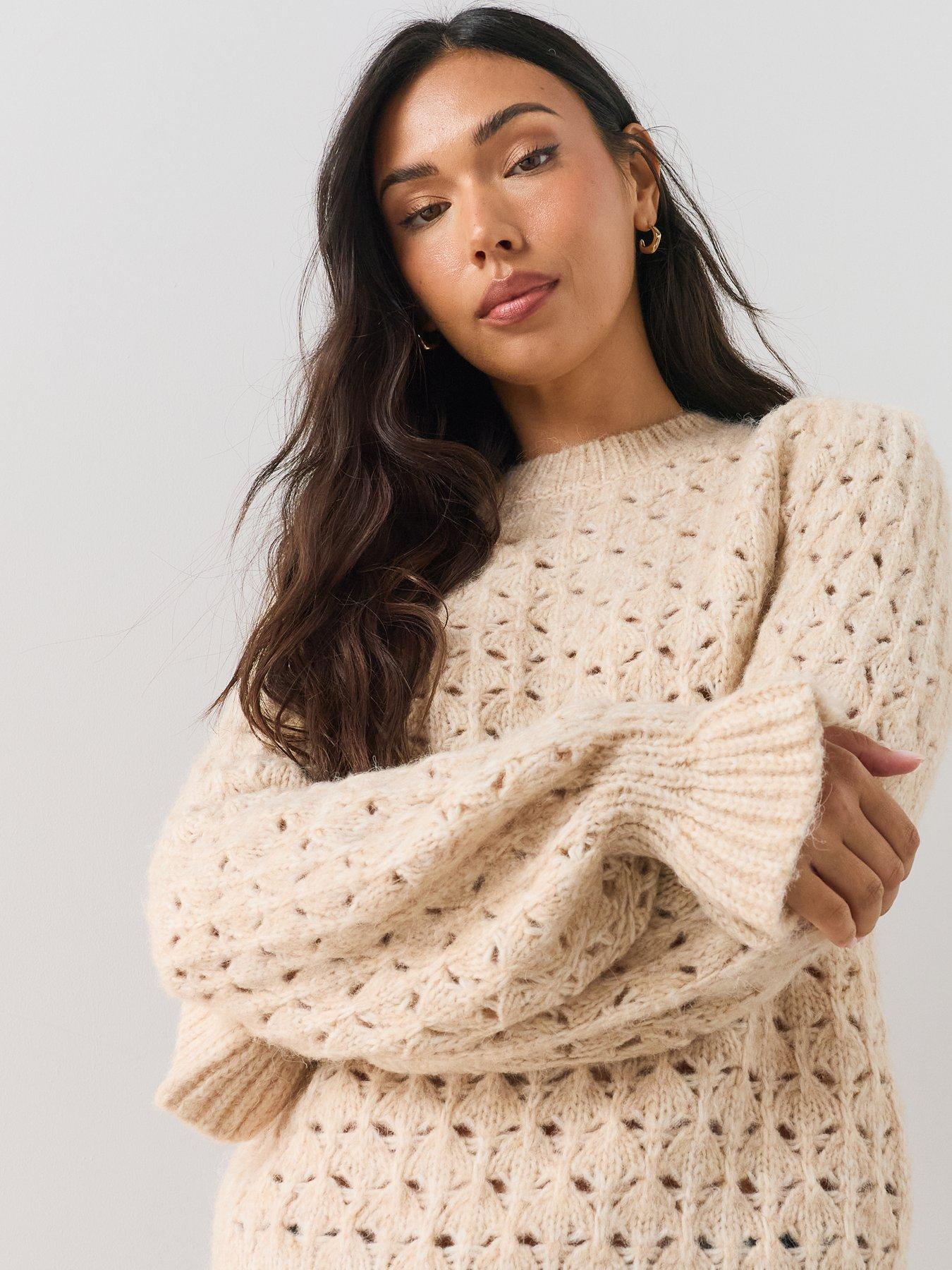 Image 4 of 7 of The Very Collection Crew Neck Open Stitch Frill Jumper With Wool - Beige