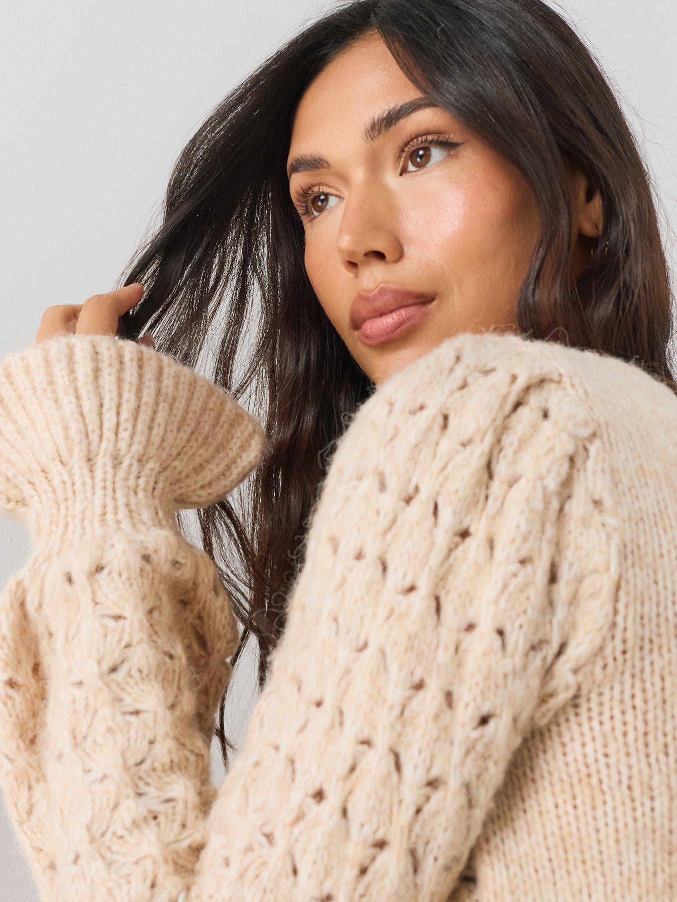 Image 5 of 7 of The Very Collection Crew Neck Open Stitch Frill Jumper With Wool - Beige