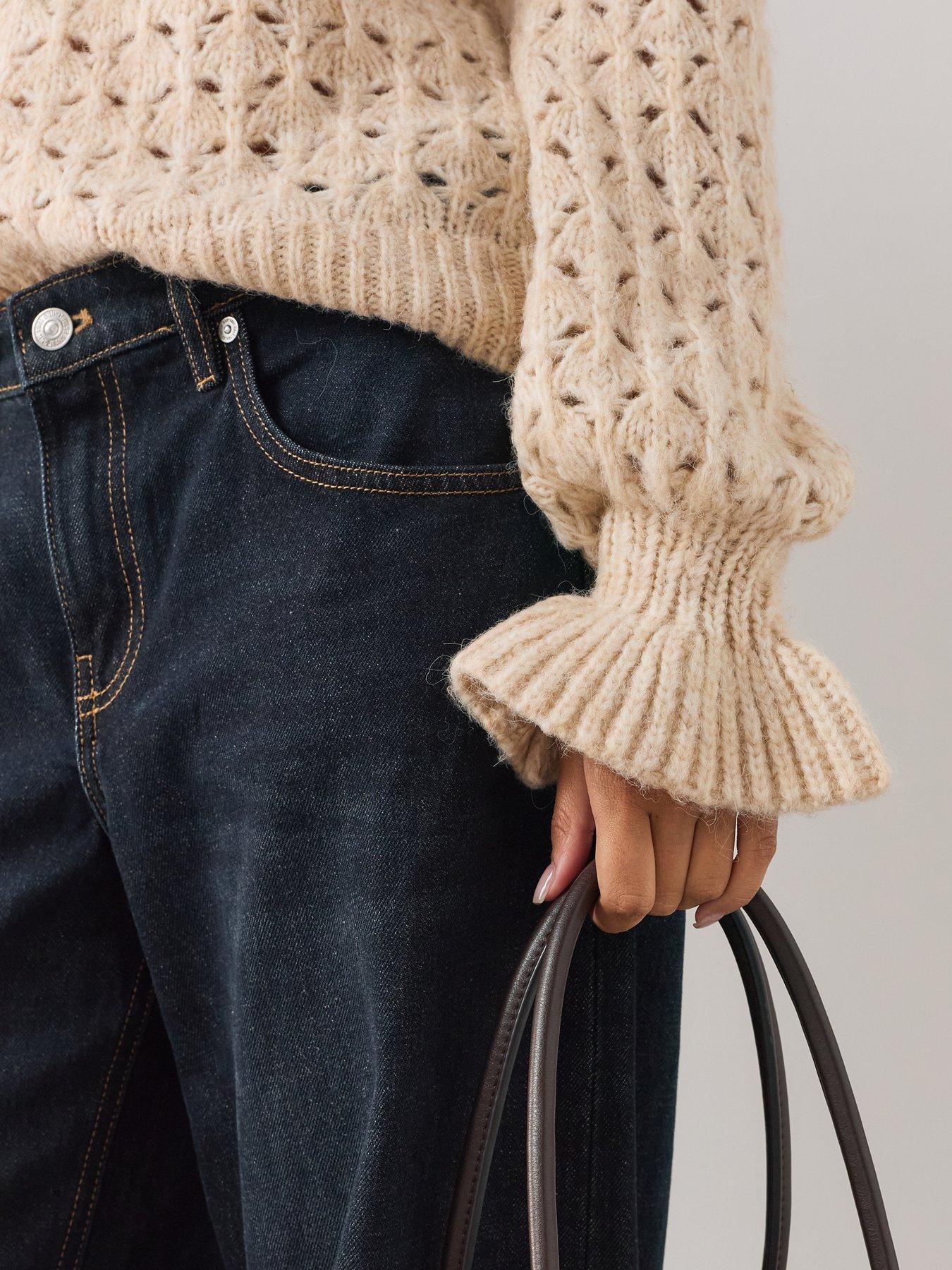 Image 6 of 7 of The Very Collection Crew Neck Open Stitch Frill Jumper With Wool - Beige