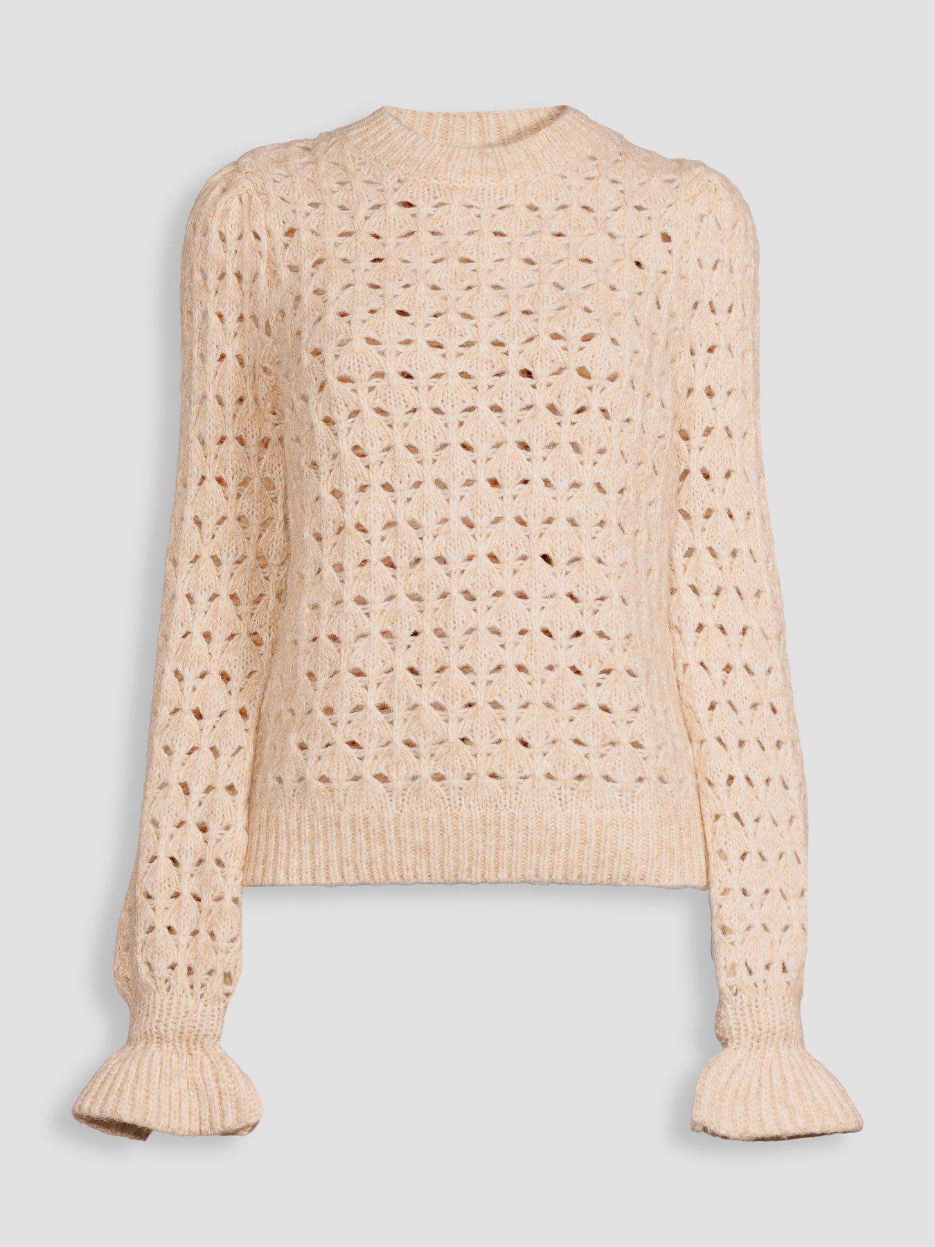 Image 7 of 7 of The Very Collection Crew Neck Open Stitch Frill Jumper With Wool - Beige
