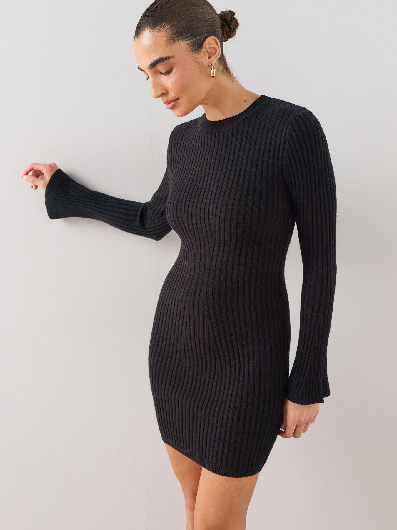 Image 1 of 7 of The Very Collection Crew Neck Bodycon Knitted Mini Dress - Black