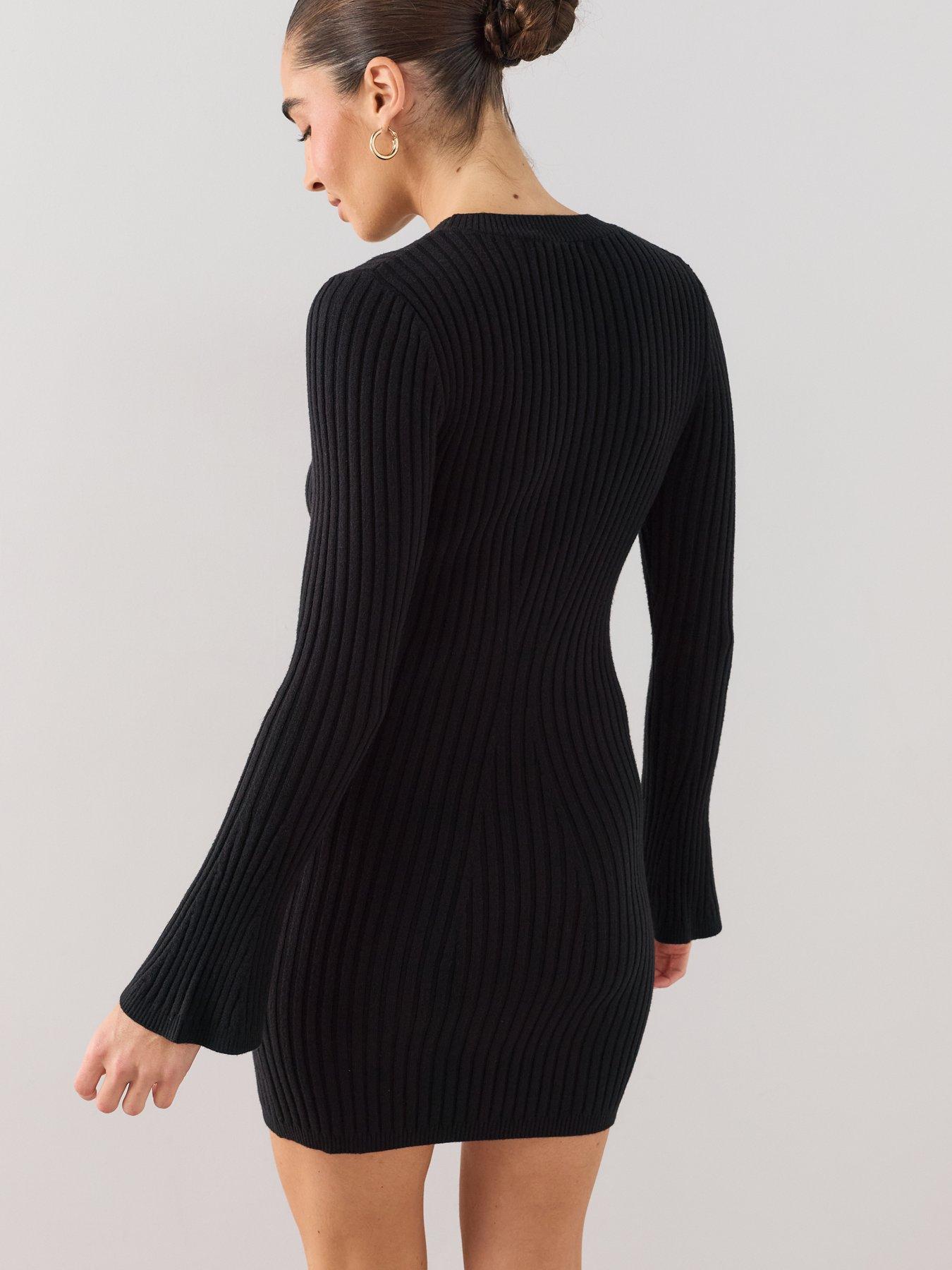 Image 2 of 7 of The Very Collection Crew Neck Bodycon Knitted Mini Dress - Black