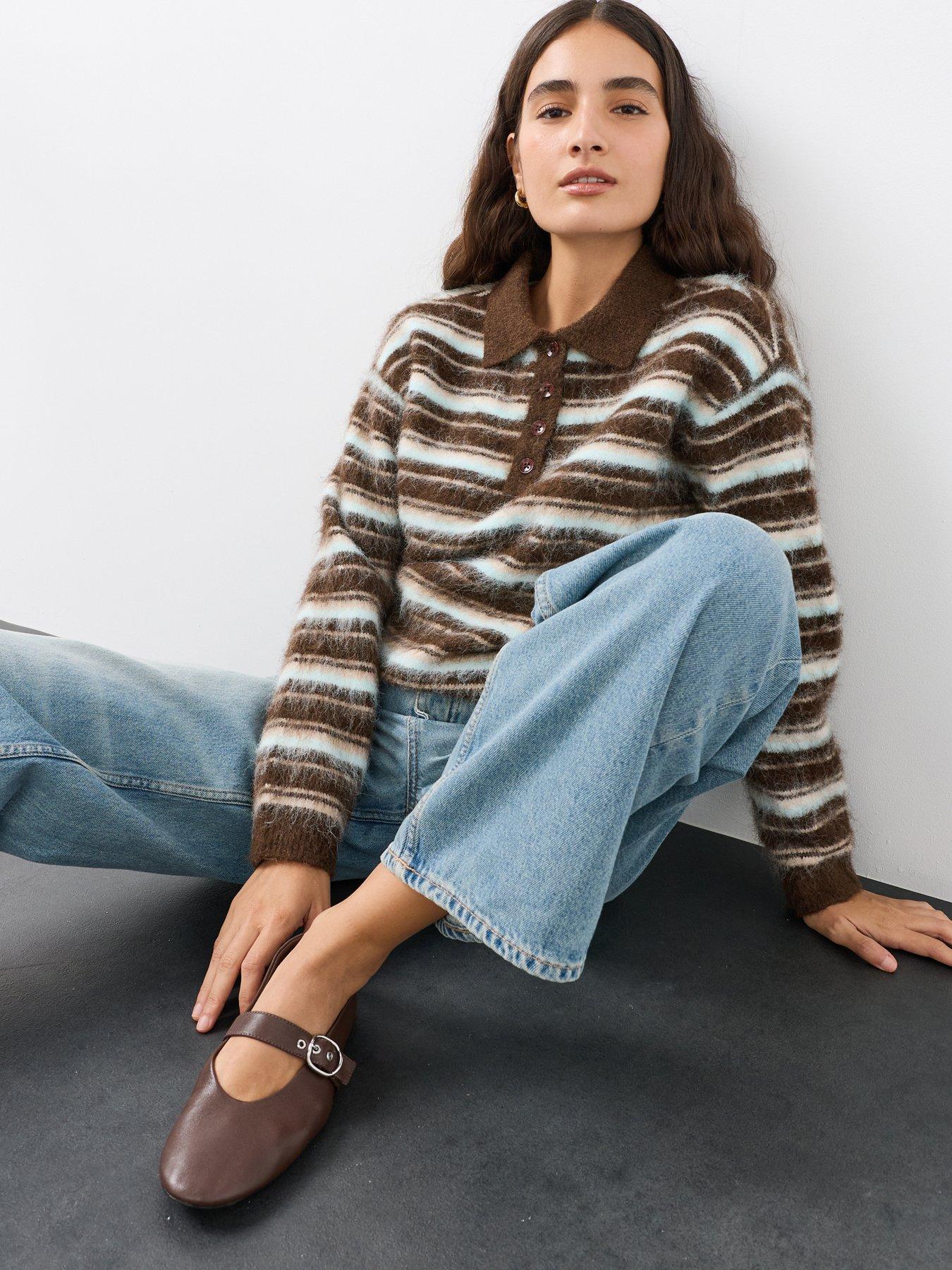 Image 1 of 6 of The Very Collection Collared Neck Brushed Stripe Jumper With Wool - Multi
