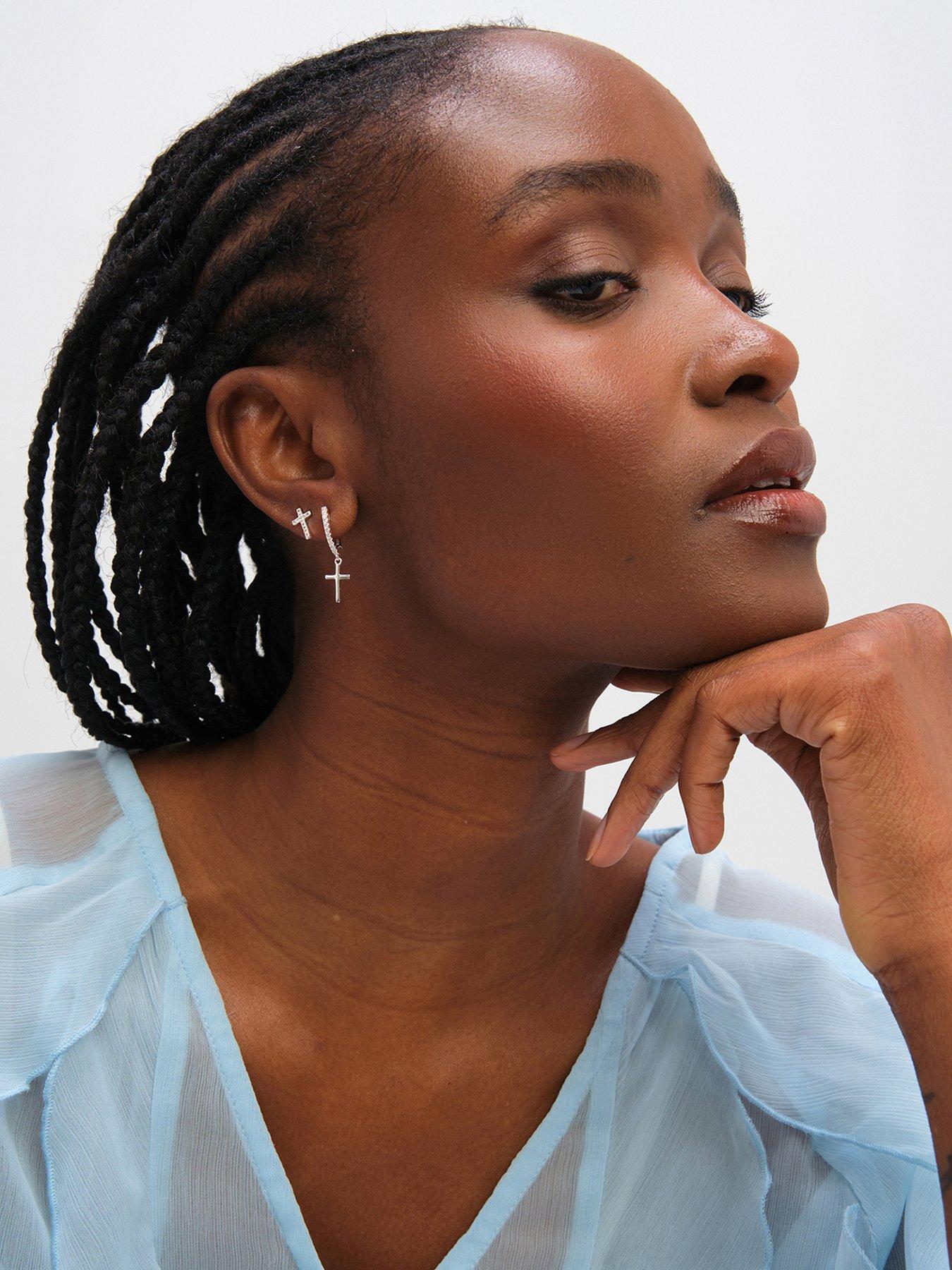Inicio Inicio Sterling Silver Plated Cross Hoop and Stud Earrings - Pack of 2