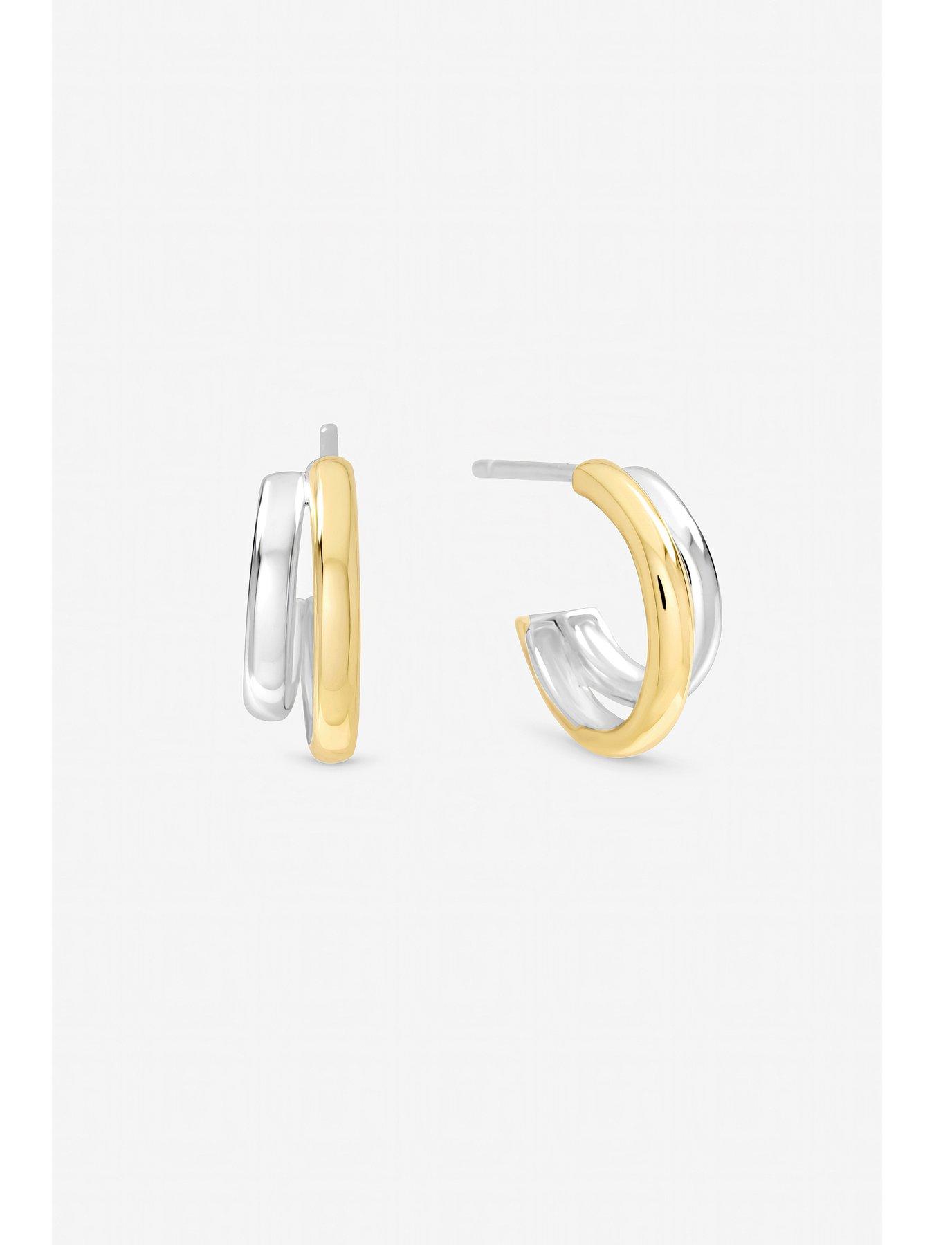 Image 4 of 7 of Inicio Sterling Silver Plated Two Tone Double Row Hoop Earrings