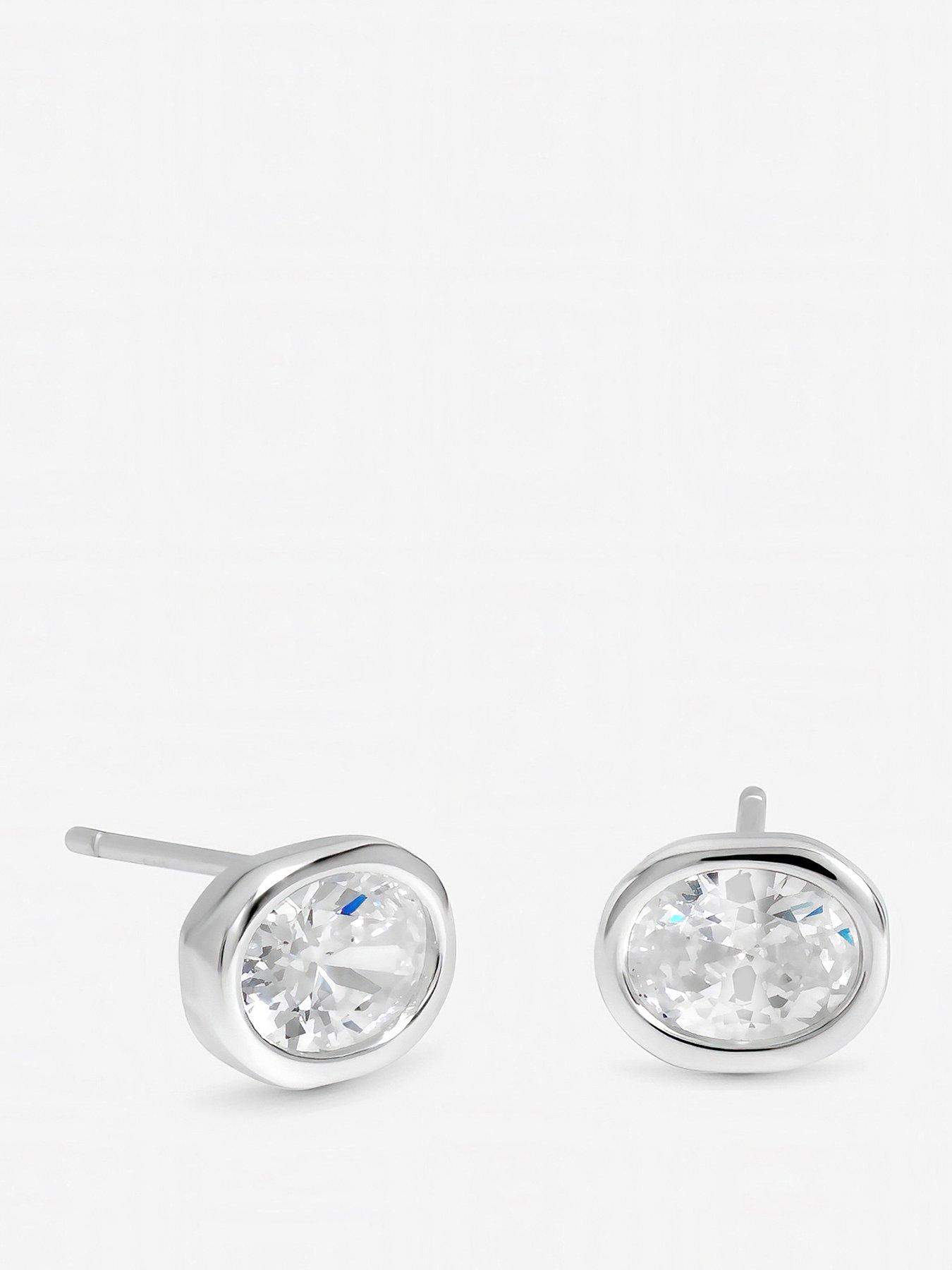 Inicio Sterling Silver Plated Oval Cubic Zirconia Bezel Studs - Gift Pouch