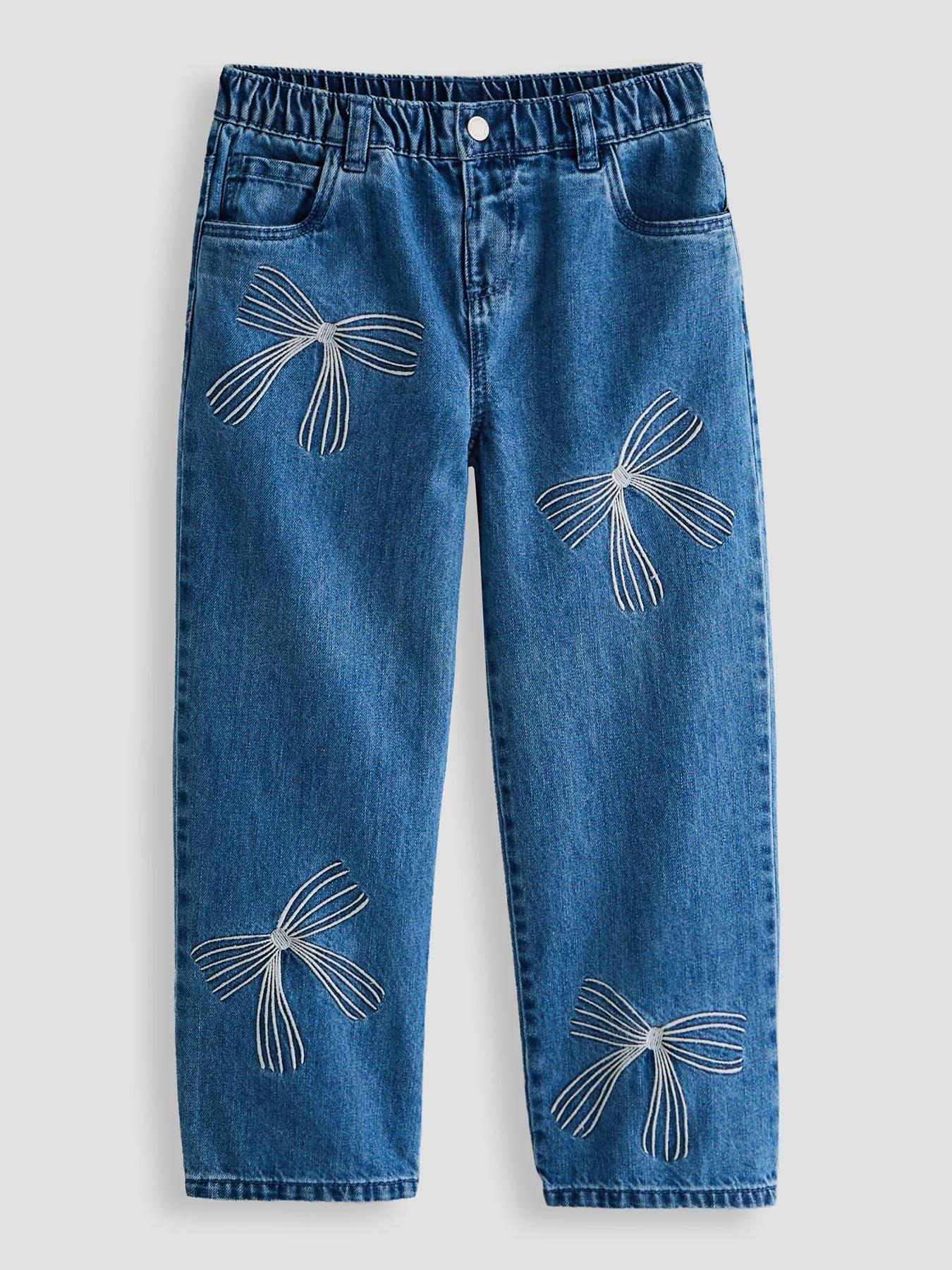 The Very Collection Girls' Printed Bow Jeans - Mid Wash